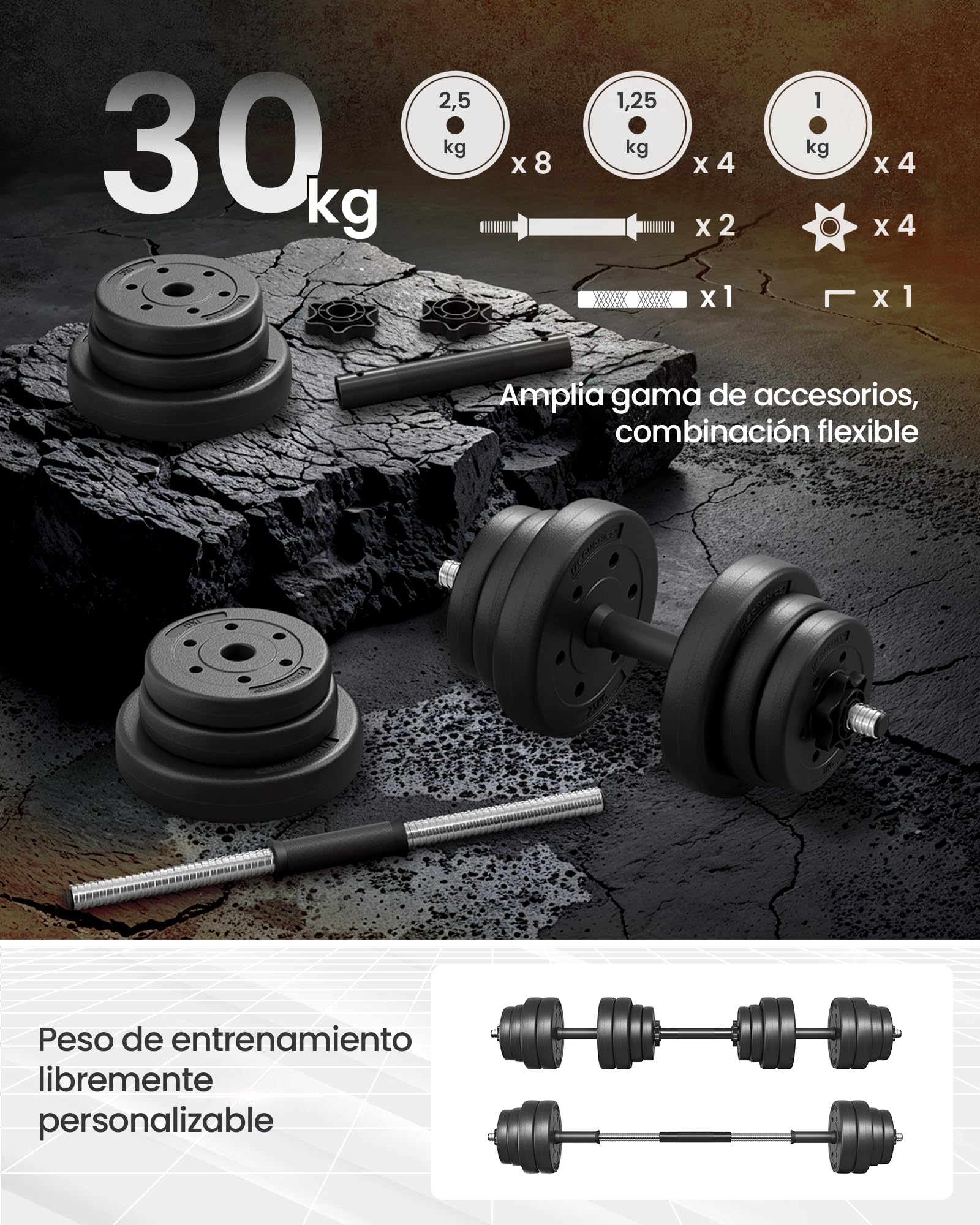 SONGMICS Juego de Mancuernas 2 en 1, Mancuernas Ajustables de 2 x 15 kg, con Barra Adicional, Gimnasio de Casa, Negro Tinta MSYL30HBK