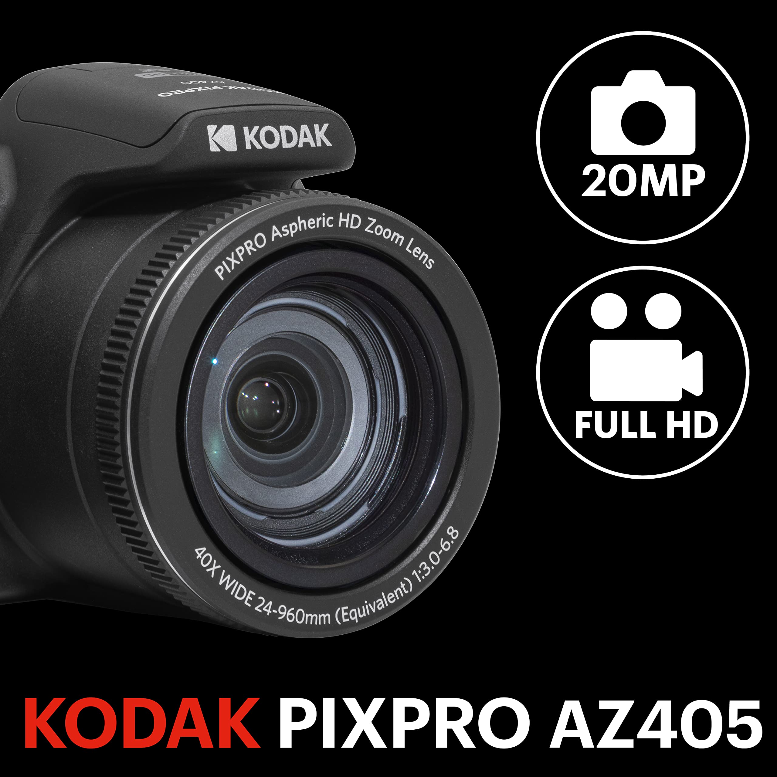 KODAK PIXPRO AZ405-BK Cámara Digital de 20 MP, Zoom óptico de 40 X, Lente Gran Angular de 24 mm, estabilización óptica de Imagen, 1080P, Full HD, Video, cámara LCD de 3 Pulgadas, Color Negro