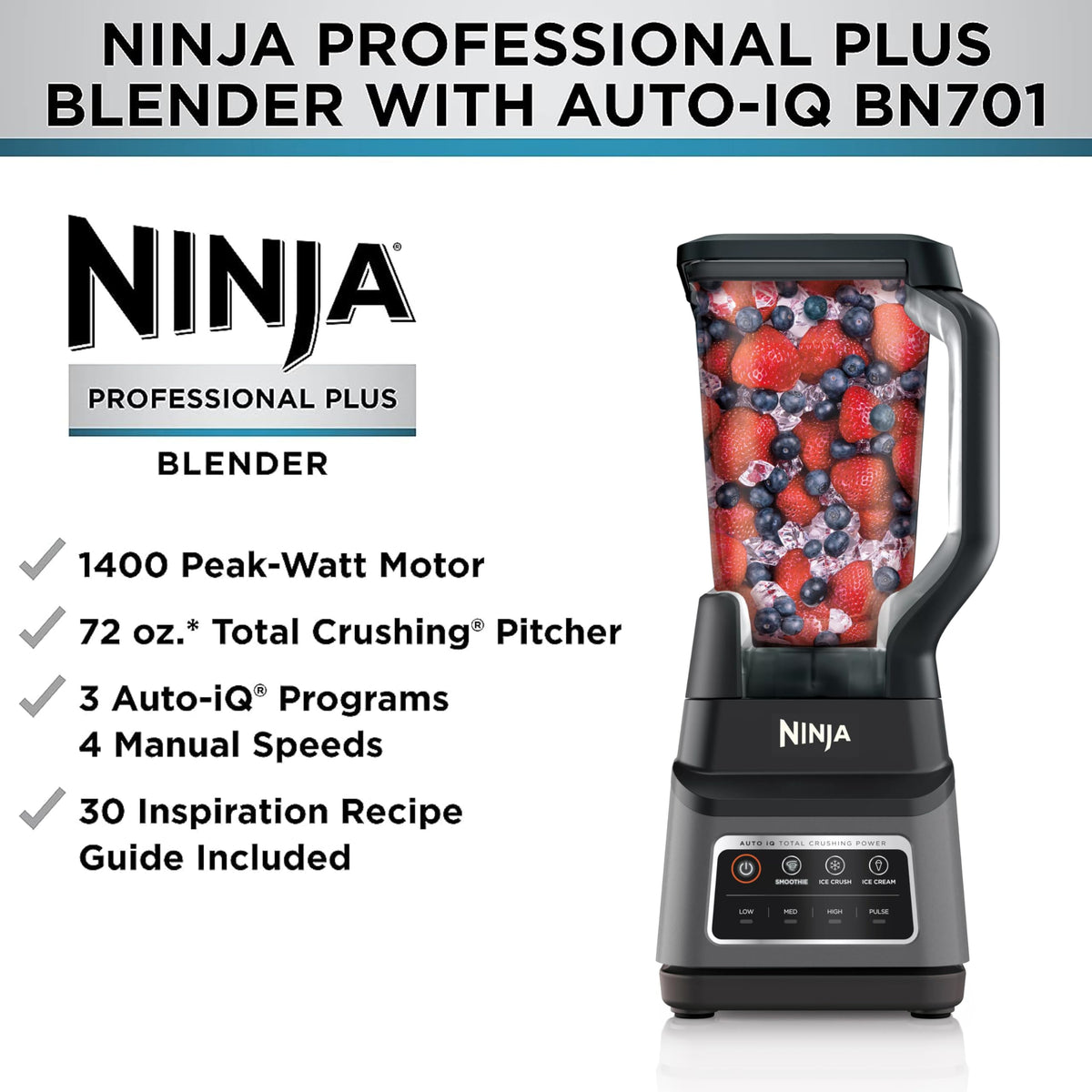 Ninja - Licuadora BN701 Professional Plus, 1400 vatios máximos, 3 funciones para batidos, bebidas congeladas y helados con Auto IQ, jarra y tapa de trituración total de 72 onzas*, gris oscuro
