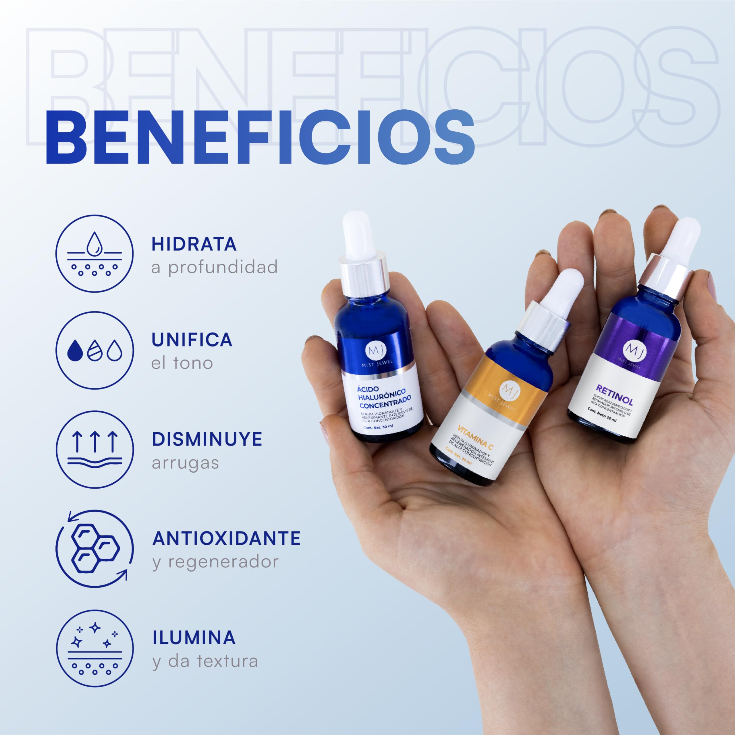 MIST JEWEL Kit de Skincare con 3 Serums Faciales: Vitamina C, Retinol y Ácido Hialurónico + Vitamina E | Rutina de sueros faciales Antiedad, Hidratante, Iluminadora Día y noche (KIT facial complete)