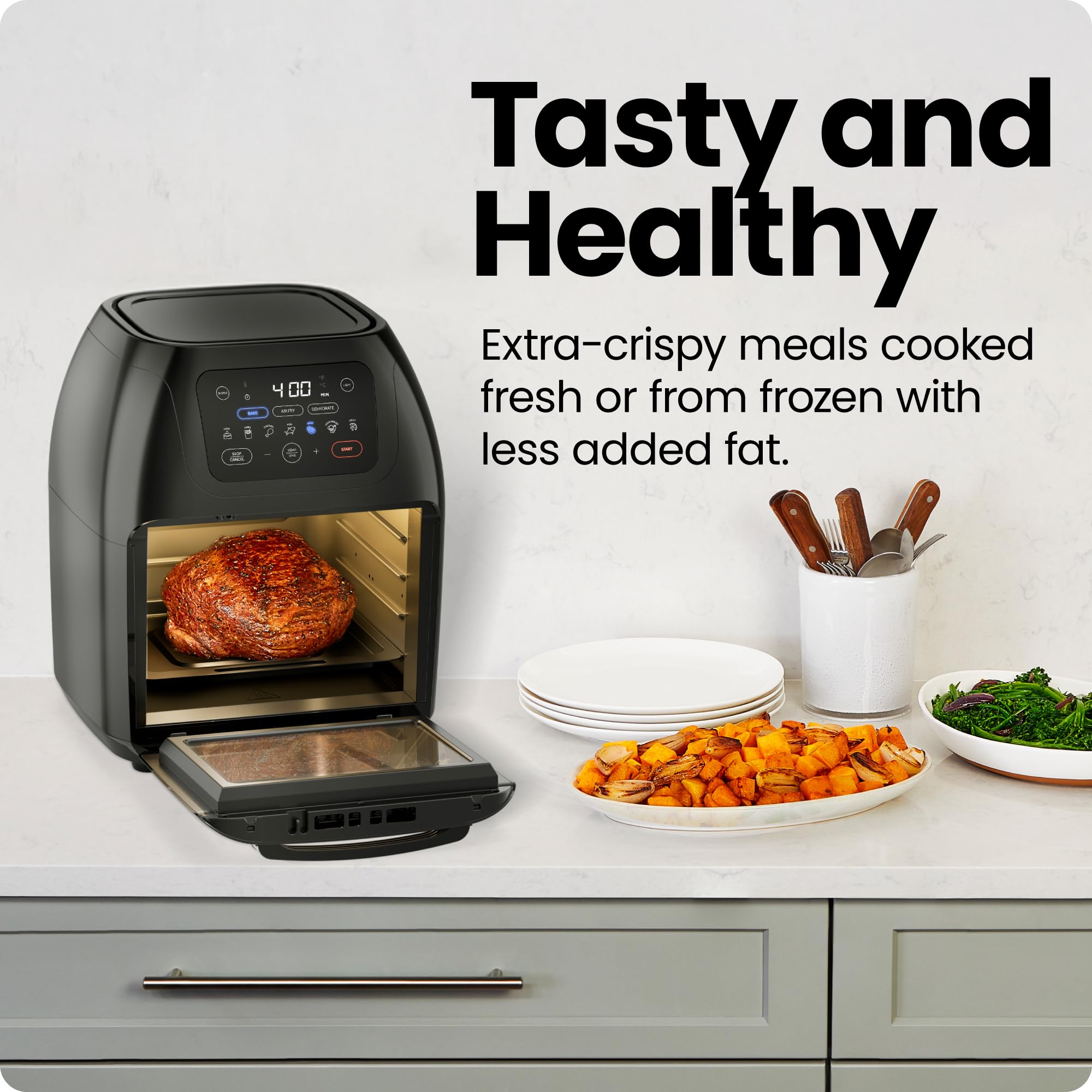 Chefman - Freidora digital multifuncional + asador, deshidratador, horno de convección, 17 preselecciones en pantalla táctil para freír, asar, deshidratar y hornear accesorios incluidos, L 10L, negro