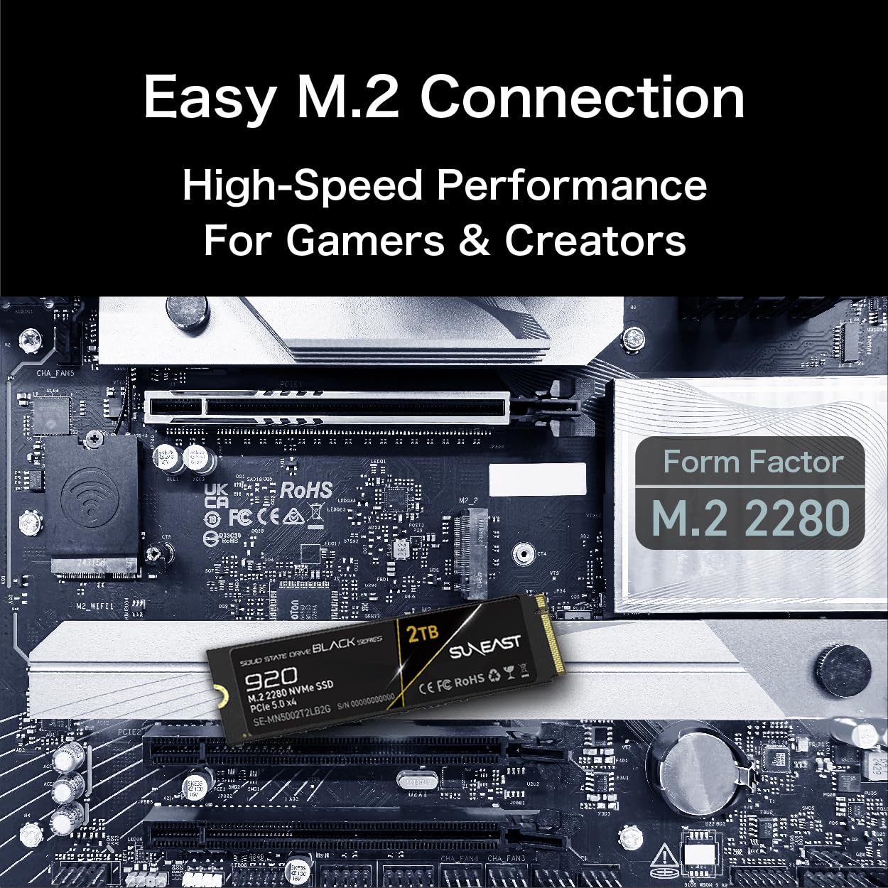 SUNEAST Black Series SSD, 2TB, PCIe 5.0x4 M.2 2280 NVMe, Lectura: 14,800 MB/s, Escritura: 12,800MB/s, para Computación de Alto Rendimiento, Gaming y Estaciones de Trabajo para IA