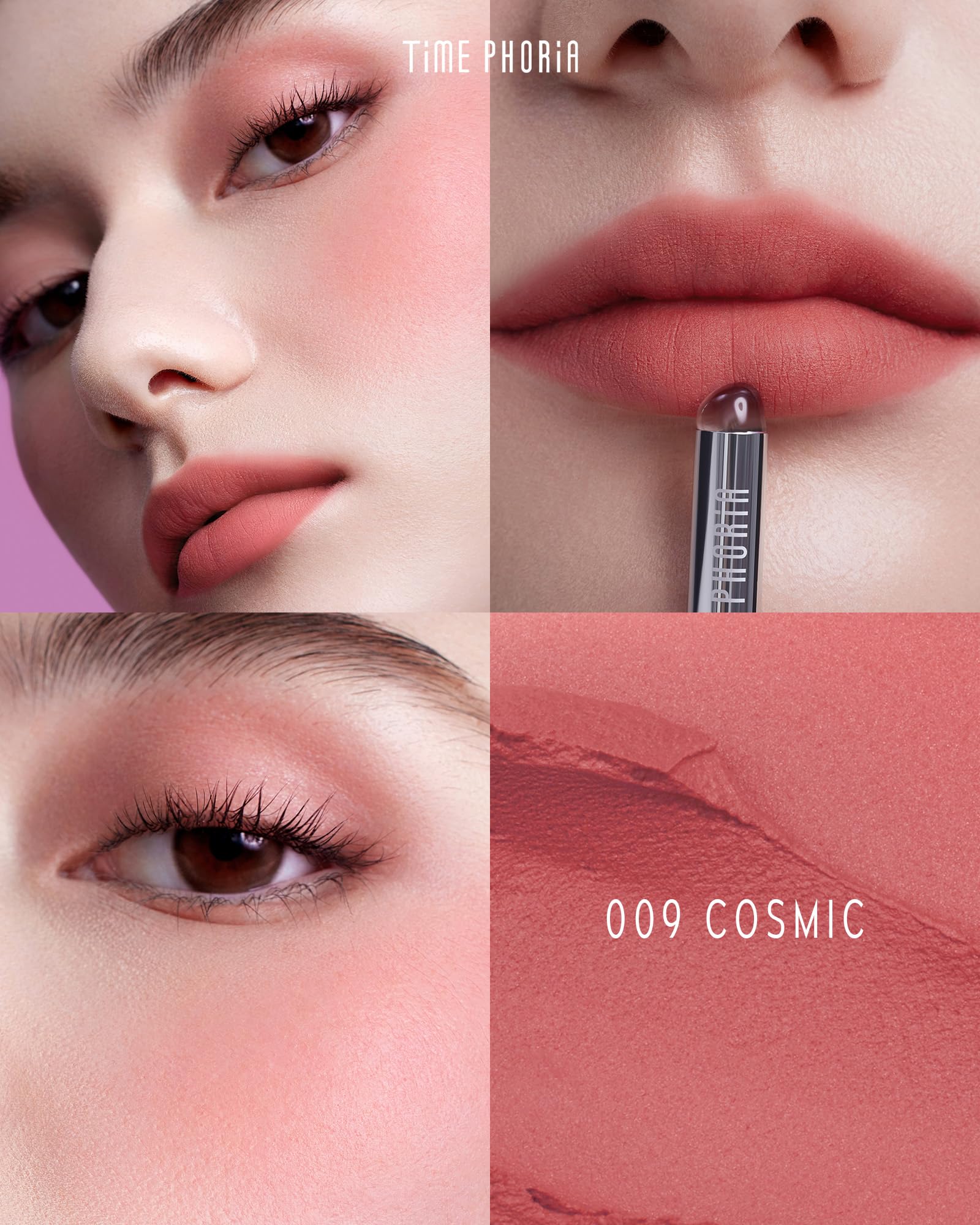 TIMEPHORIA Tinta para Labios y Mejillas 3 en 1, Labial de Lodo Velvet Mate Difuminado, Rubor en Crema de Larga Duración con Aplicador de Silicón, Maquillaje Multiusos para Rostro y Ojos 009 Cosmic
