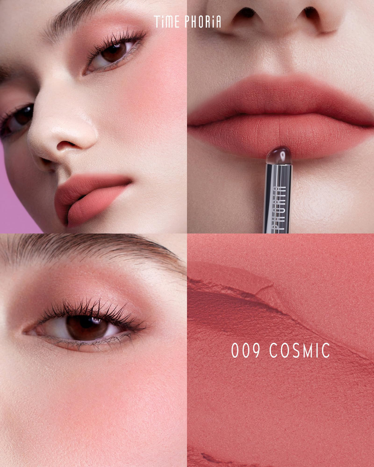 TIMEPHORIA Tinta para Labios y Mejillas 3 en 1, Labial de Lodo Velvet Mate Difuminado, Rubor en Crema de Larga Duración con Aplicador de Silicón, Maquillaje Multiusos para Rostro y Ojos 009 Cosmic