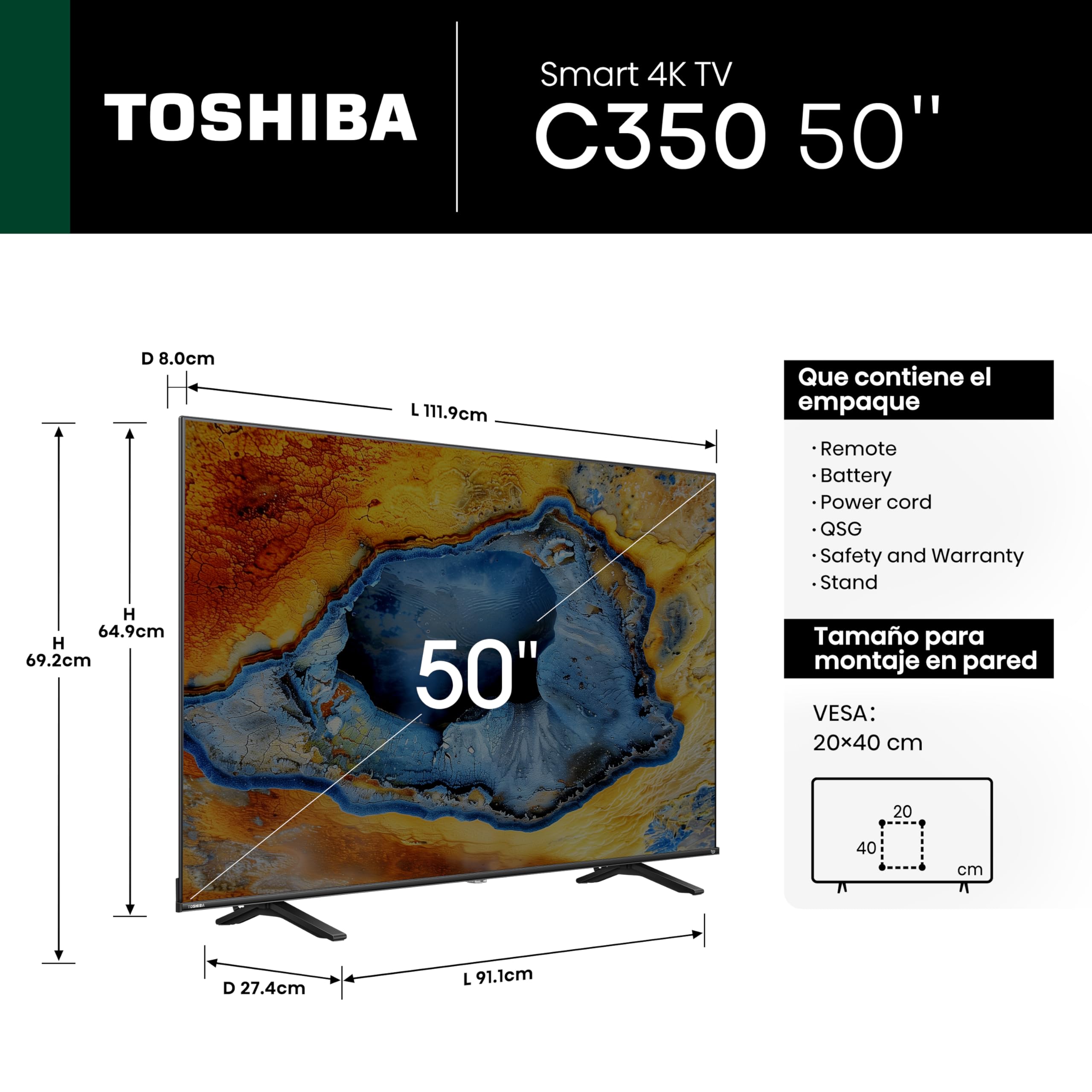 Toshiba Television C350NM(último Modelo) Pantalla 50 Pulgadas, Smart Fire TV UHD 4K,Control Remoto por Voz con Alexa, Escalador 4K por lA,Dolby Vision Atmos,Modo Juego, mira TV en Vivo sin Cable