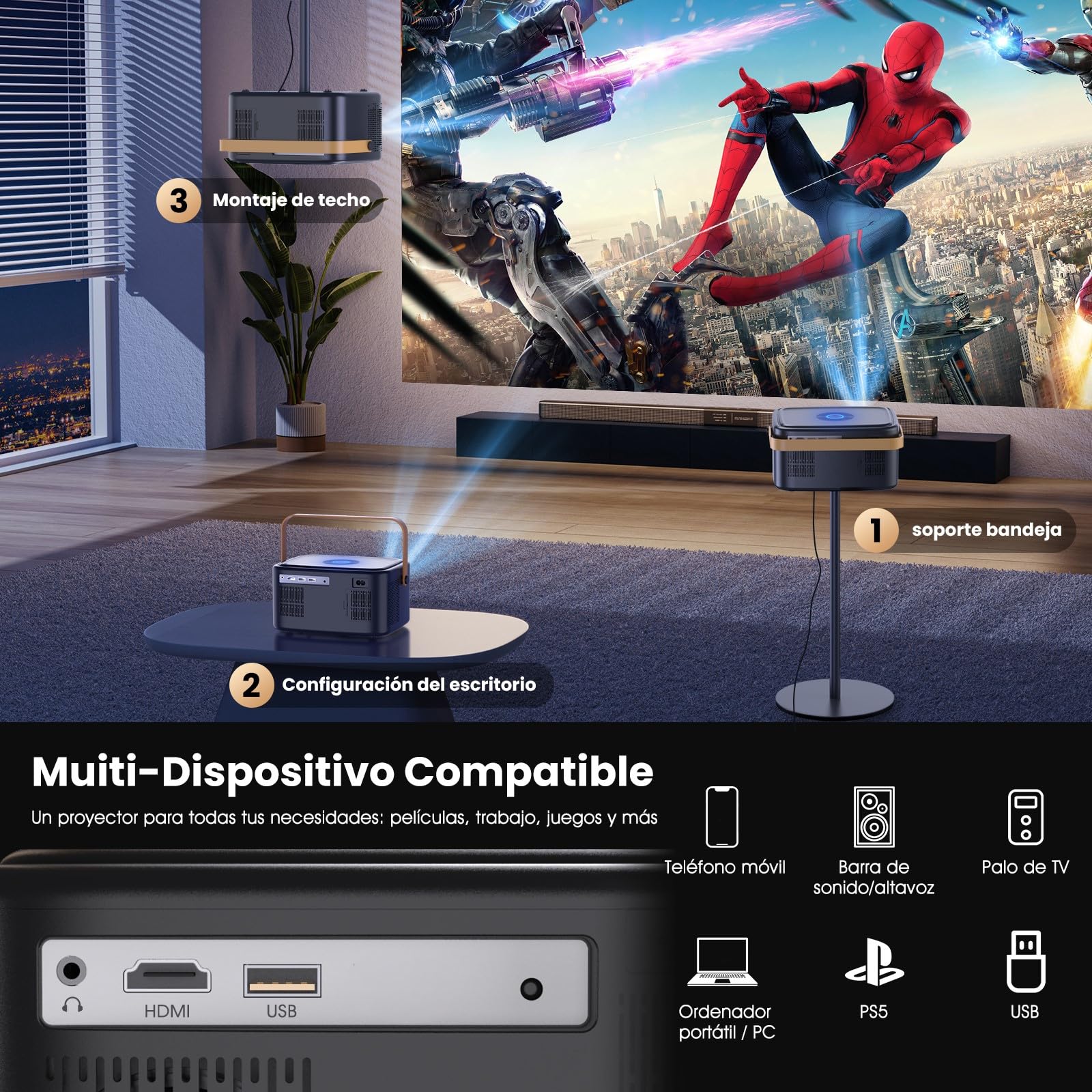 AOSO Proyector 4K 500ANSI, Portátil Proyectors para Cine en Casa con Sistema Android11, WiFi 6 & Bluetooth 5.2, 1080p Nativo, Compatible con Netflix y 10,000+ Apps, Ldeal para Ver Copa Mundial