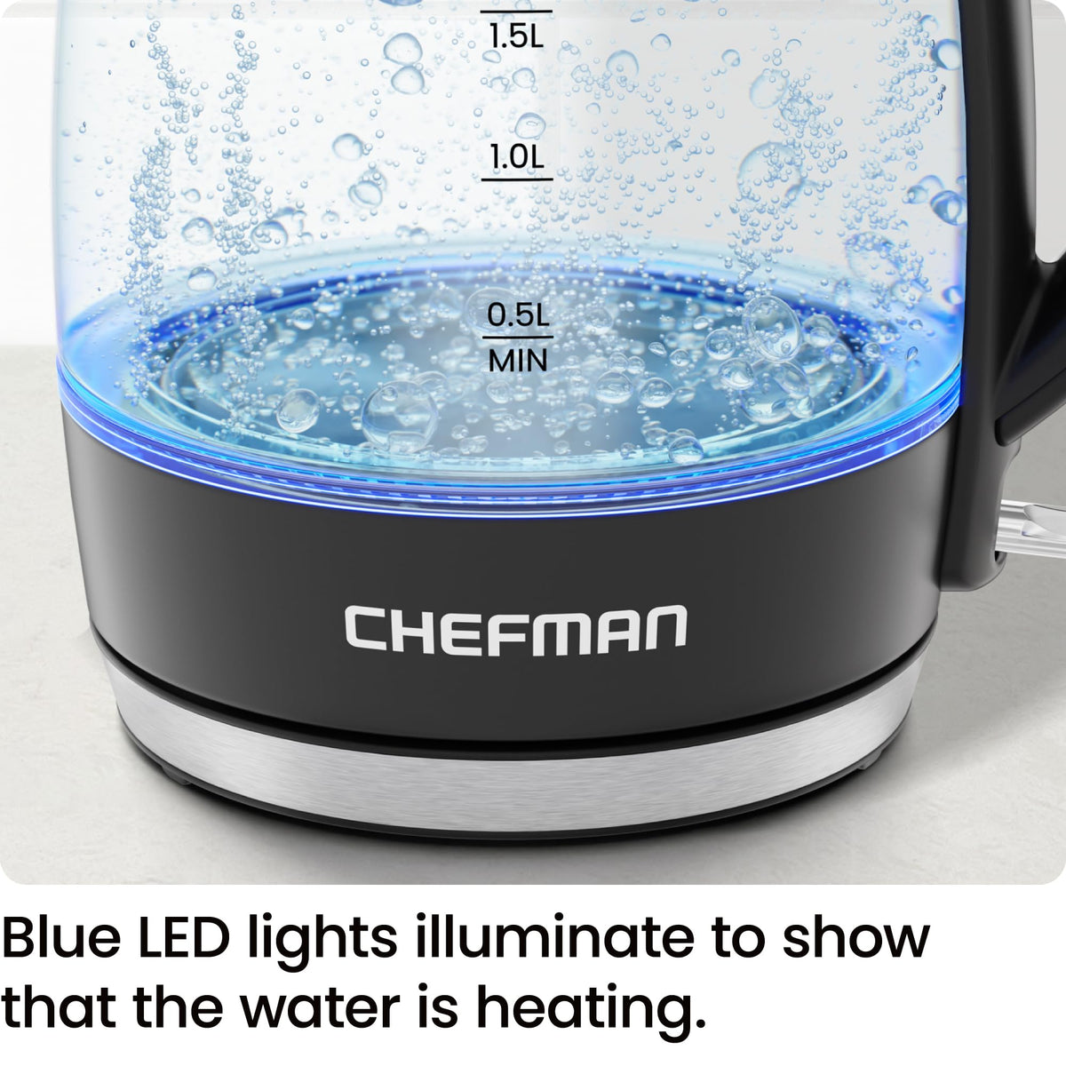 Chefman Hervidor eléctrico para agua hirviendo, 1.8L 1500W, agua caliente en 3 minutos, luces LED, apagado automático, protección de ebullición y secado, hervidor de té eléctrico de vidrio negro