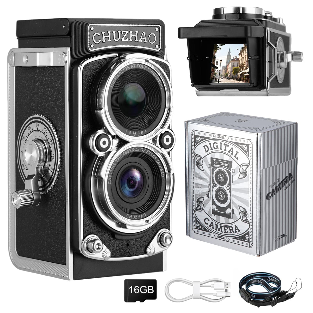 KOZFULE Camara Digital Retro, Camara Fotografica Portátil, Cámara Réflex de Doble Lente con Memoria de 16 GB, Cámara para Viajes, Fotografía, Regalos de Cumpleaños(Gris)