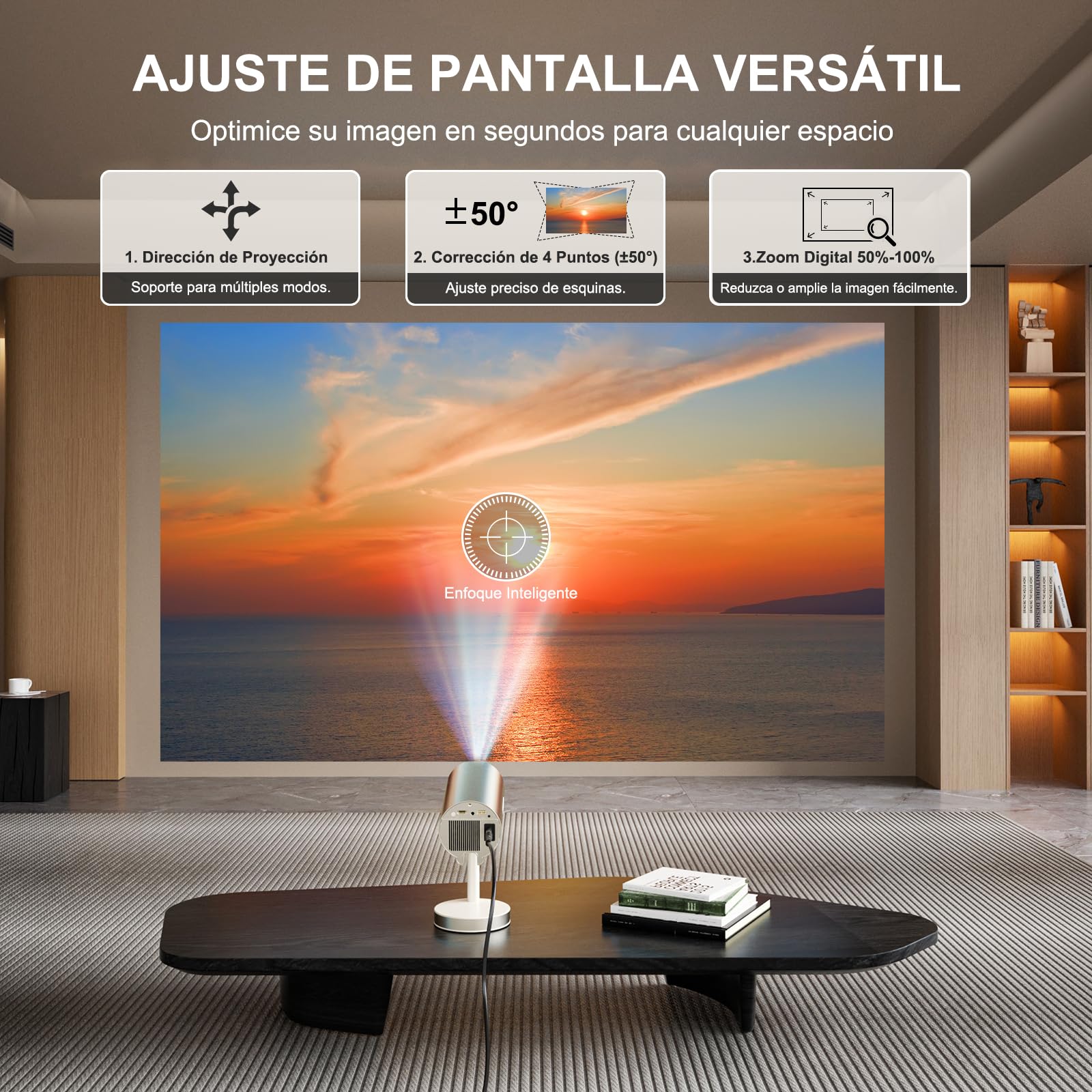Proyector Portátil 4K 300ANSI Apps Retráctil Enfoque Eléctrico Ajuste 90°