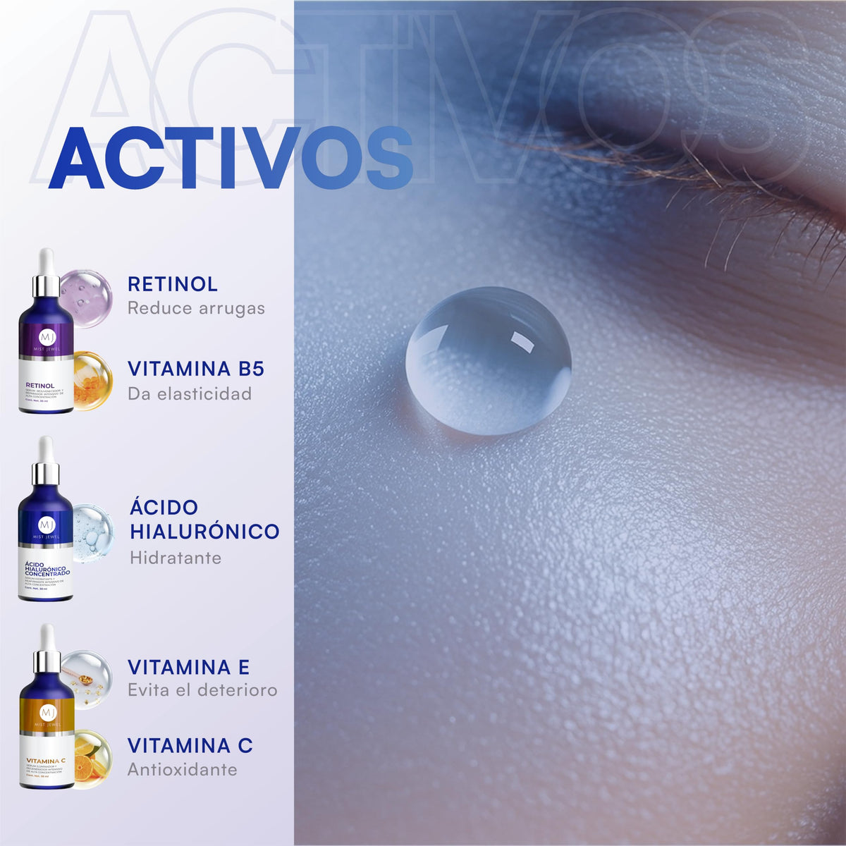 MIST JEWEL Kit de Skincare con 3 Serums Faciales: Vitamina C, Retinol y Ácido Hialurónico + Vitamina E | Rutina de sueros faciales Antiedad, Hidratante, Iluminadora Día y noche (KIT facial complete)