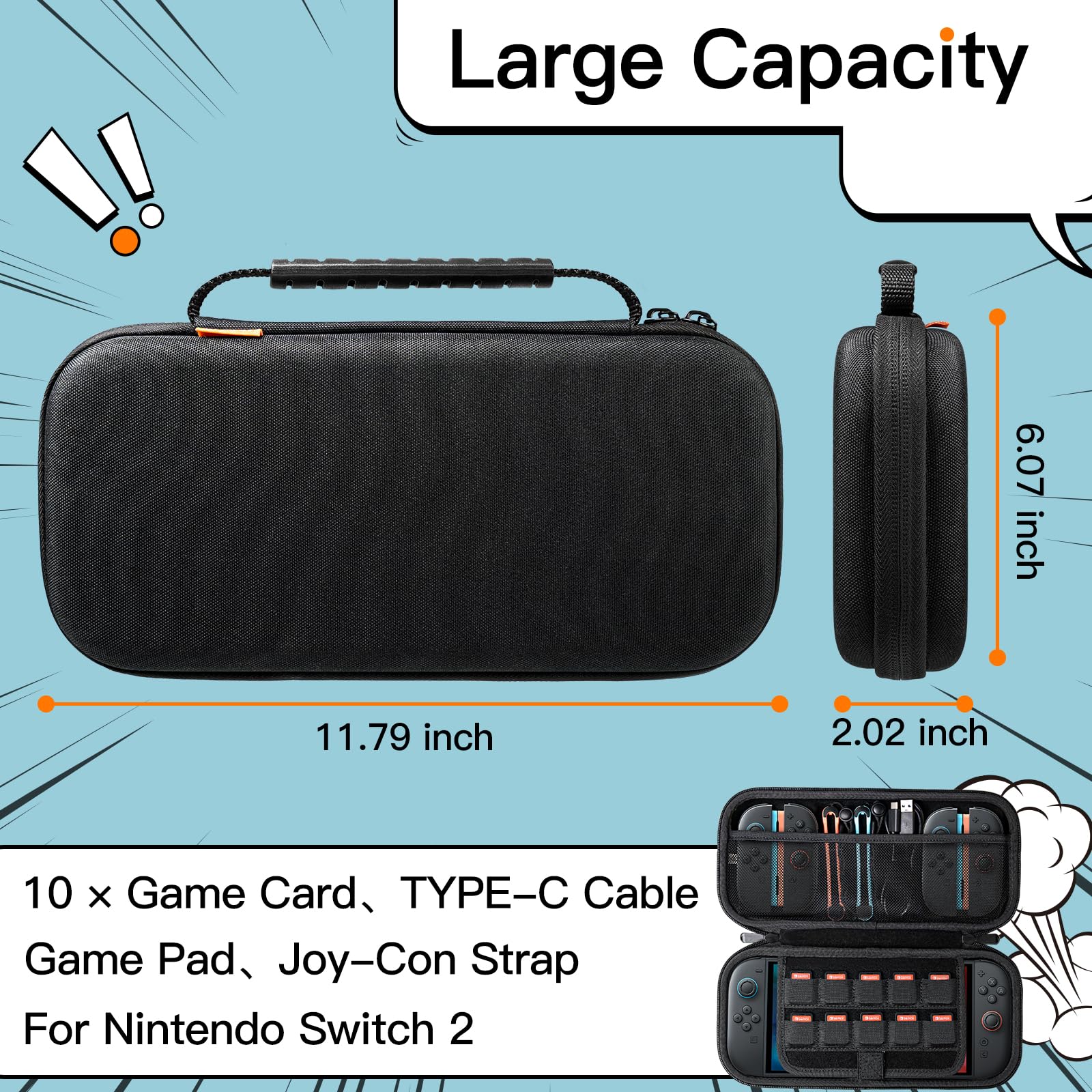 JETech Estuche Transporte para Nintendo Switch 2 (2025) 7.9 Pulgadas, Bolsa Viajar Portátil Dura Caparazón con 10 Ranuras para Tarjetas Juego y Bolsillo Accesorios, Anti-Arañazos (Negro)