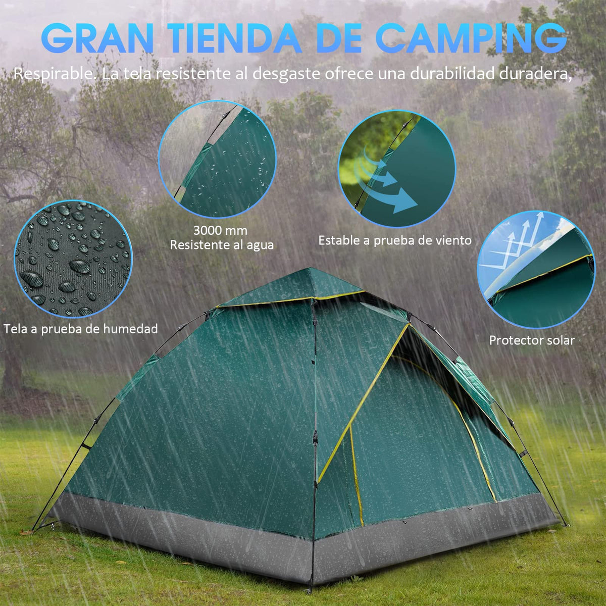 AVEDISANTE Casa de Campaña 3/4 Personas, Tienda de Campaña de 2 Entradas, Pop Up Portátil Camping, Impermeable y Transpirable,Armado Sencillo, Portátil Camping （200cm X 135cm）