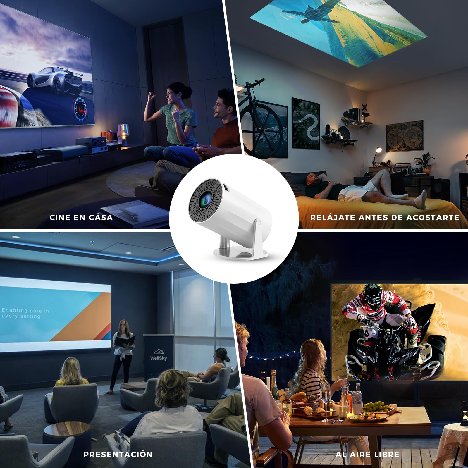 HUSEYTA Proyector, proyector Inteligente 4K/ 150 ANSI con WiFi 6, BT 5.0, Pantalla de 130 Pulgadas, Giro de 180 Grados, Sistema operativo Android Integrado 12.0, Compatible con iOS/Android/PC/PS4/PS5