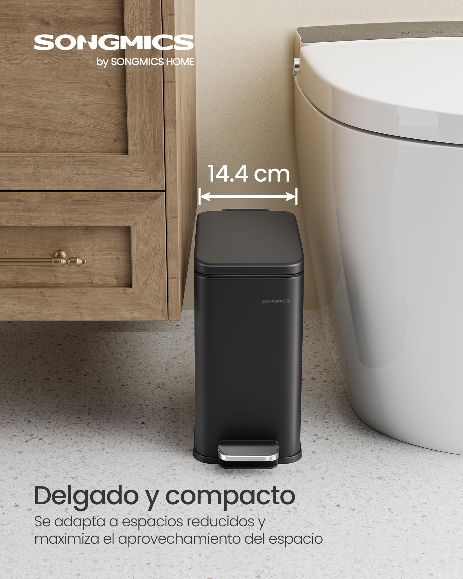SONGMICS Bote de basura con Pedal 5L, Acero Inoxidable con Tapa de Cierre Suave, Cubo Interior Removible, Ideal para Baño y Oficina, Negro MLTB560B05