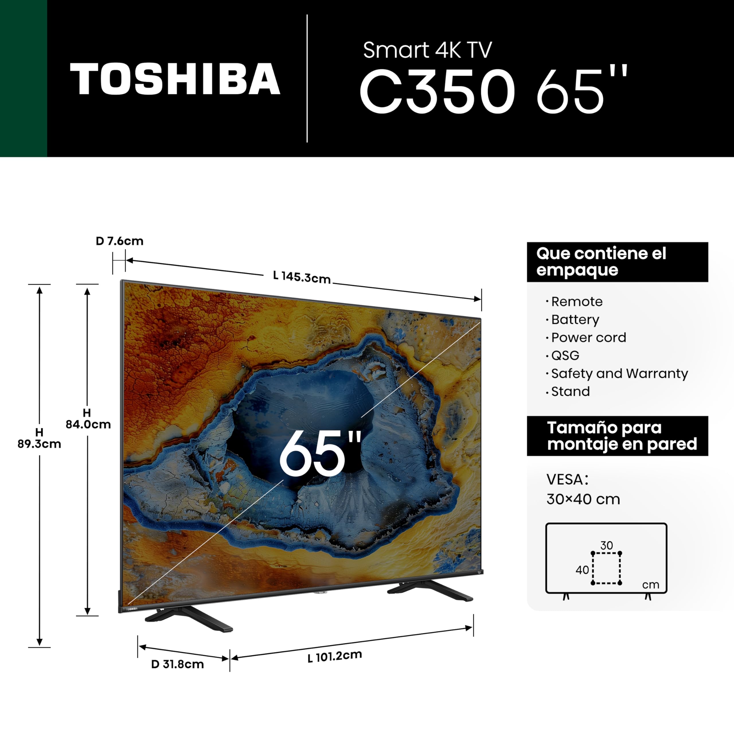 Toshiba Television C350NM(último Modelo) Pantalla 65 Pulgadas, Smart Fire TV UHD 4K,Control Remoto por Voz con Alexa, Escalador 4K por lA,Dolby Vision Atmos,Modo Juego, mira TV en Vivo sin Cable