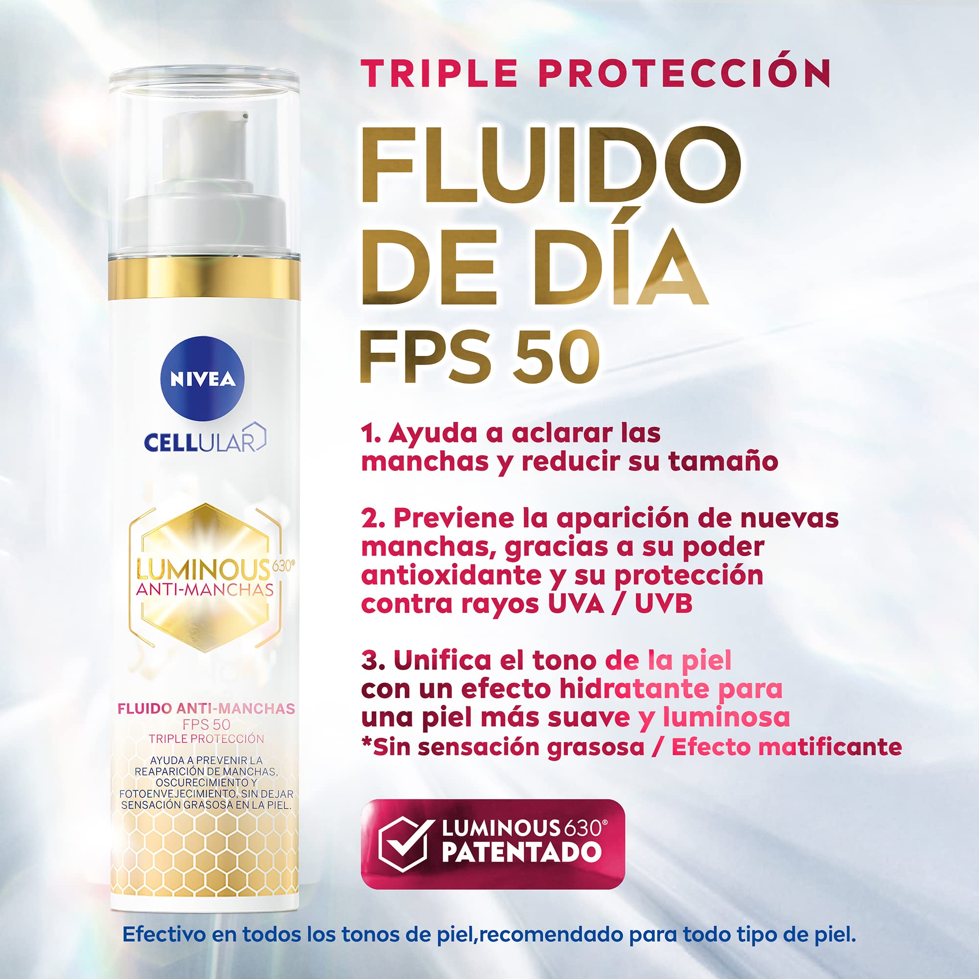 NIVEA Kit Anti-manchas Rutina Facial Completa Luminous 630 (4 piezas), Enriquecida con Ácido Hialurónico Serum facial + Fluido facial con Vitamina E y FPS50 + Contorno de Ojos Anti-ojeras + Crema de Noche Reparadora
