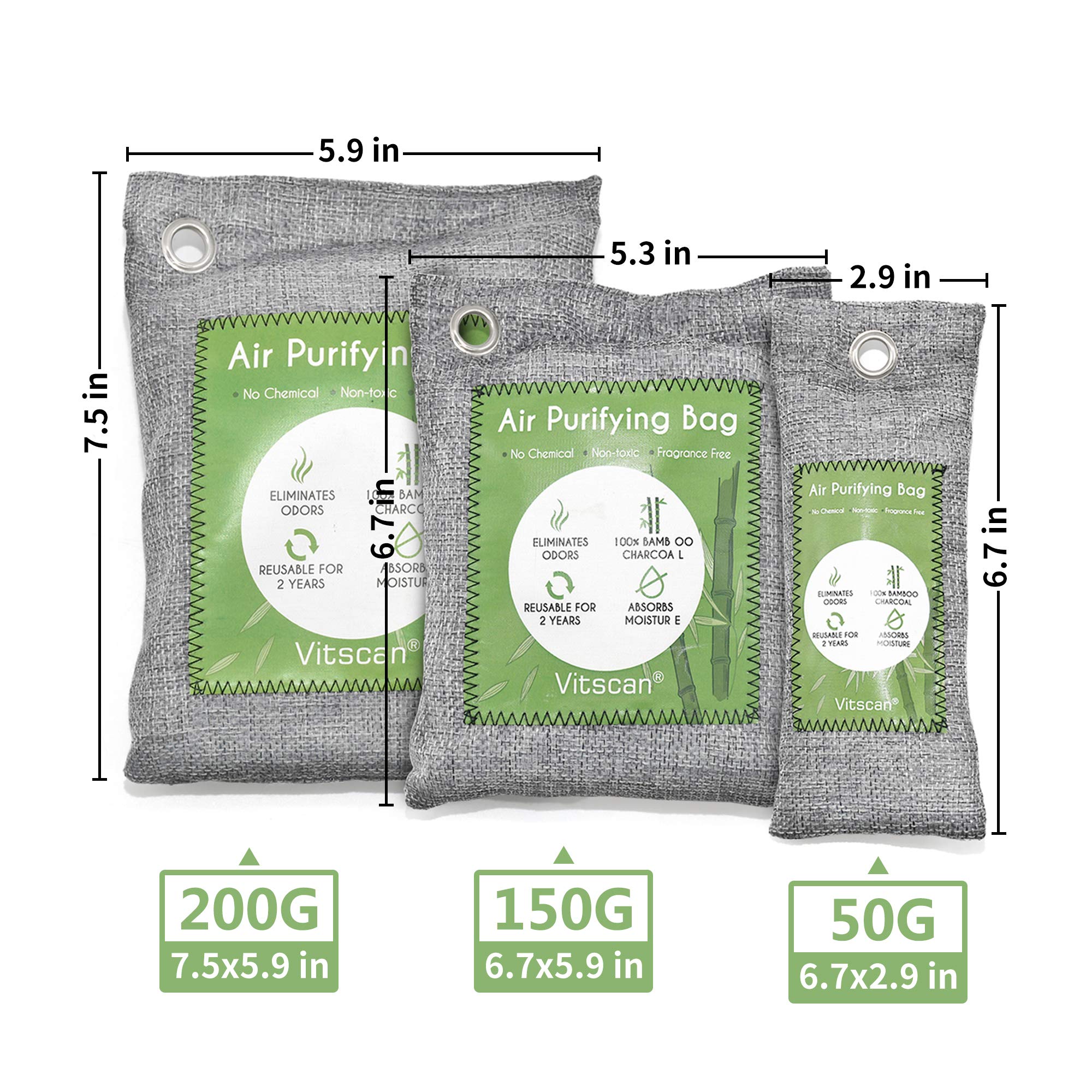 Paquete de 12 bolsas purificadoras de aire de carbón de bambú, bolsas de carbón activado, absorbente de humedad, ambientador natural para coche, desodorante para zapatos, eliminadores de olores para el hogar, mascotas, armario (6 x 50 g, 6 x 150 g)