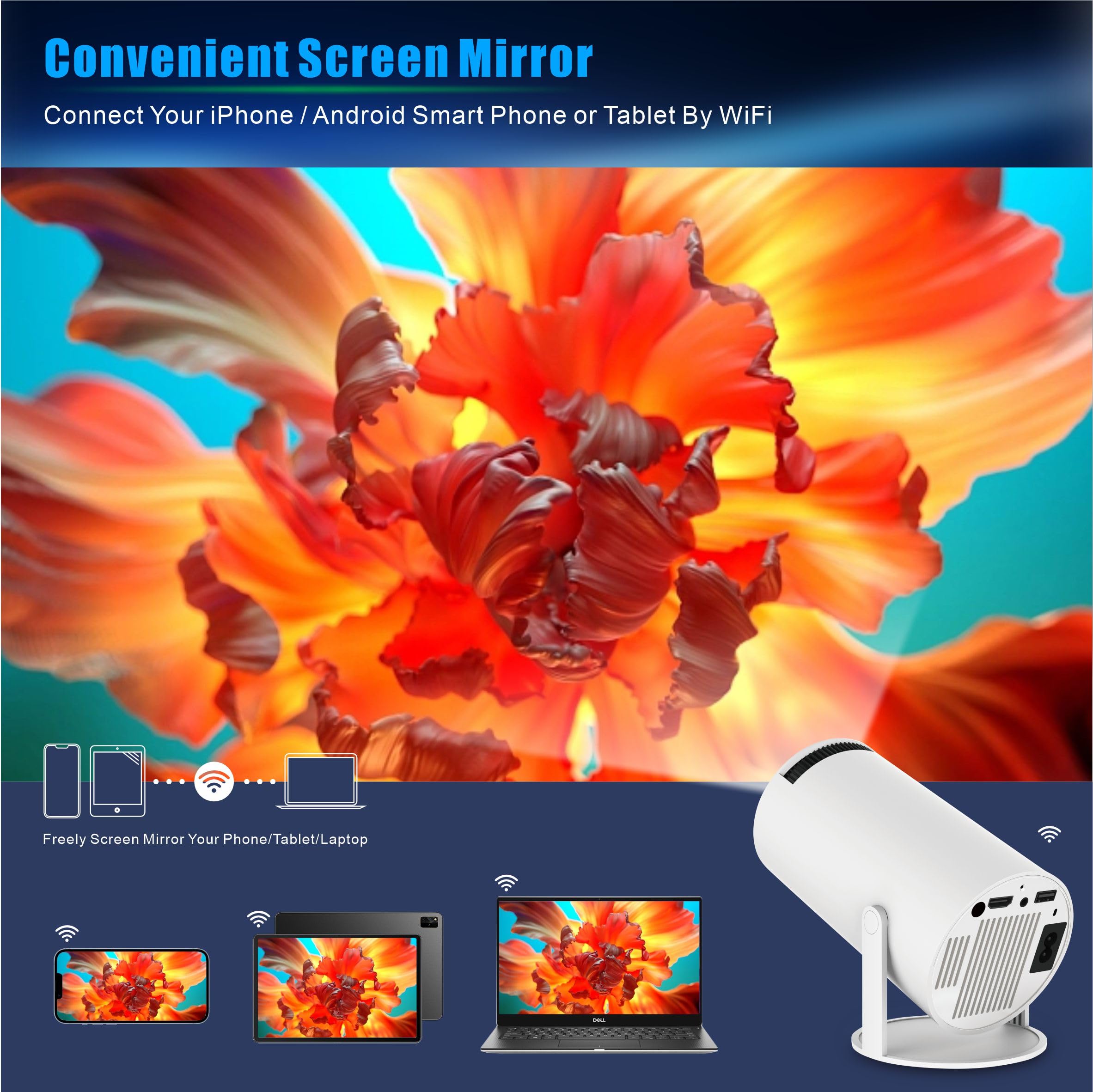 KUNEM Mini Proyector Portátil 4K, 250 ANSI, 10000 Lúmenes, WiFi 6 con Bluetooth 5.2, Proyectores de 270 Grados Flip, Android 13 Sistema Incorporado, Compatible con HDMI/iOS/Phone/PC/PS.