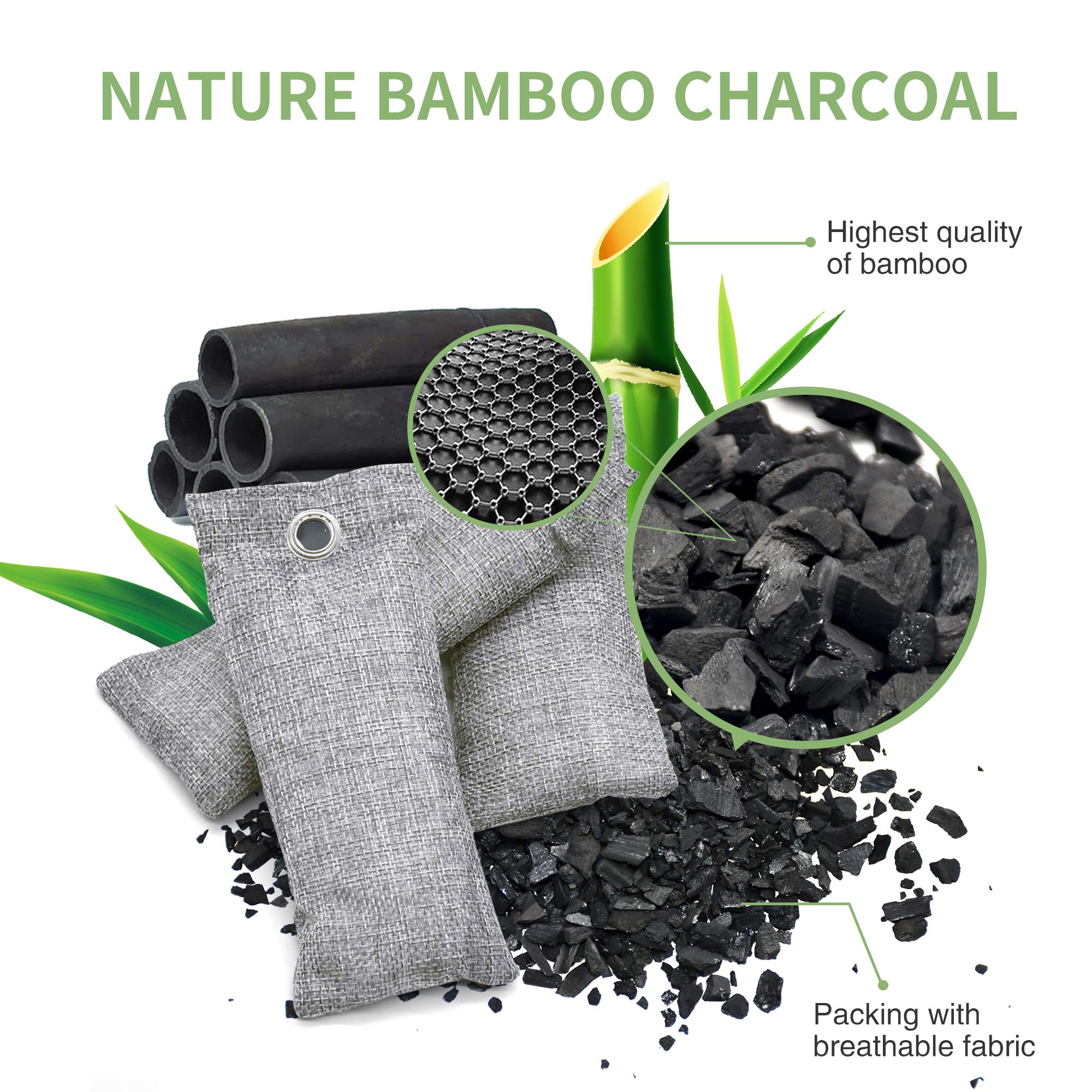 Paquete de 12 bolsas purificadoras de aire de carbón de bambú, bolsas de carbón activado, absorbente de humedad, ambientador natural para coche, desodorante para zapatos, eliminadores de olores para el hogar, mascotas, armario (6 x 50 g, 6 x 150 g)