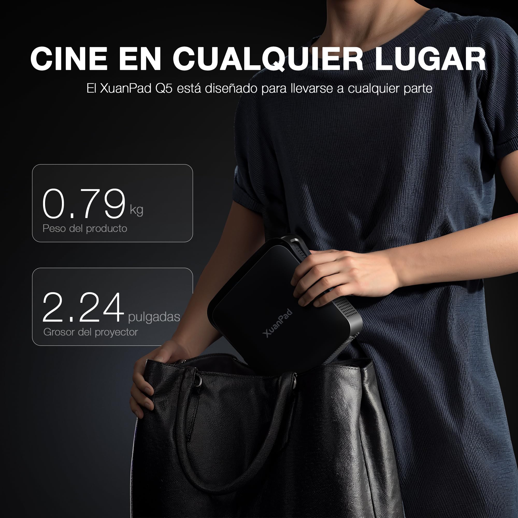 XuanPad 【Compatible with Netflix】 Black Mini Proyector Portatil 4K con Auto Enfoque/Keystone, Smart Proyector 600ANSI 1080P Full HD WiFi6 Bluetooth Projector para Movil/Exterior/Cine en Casa
