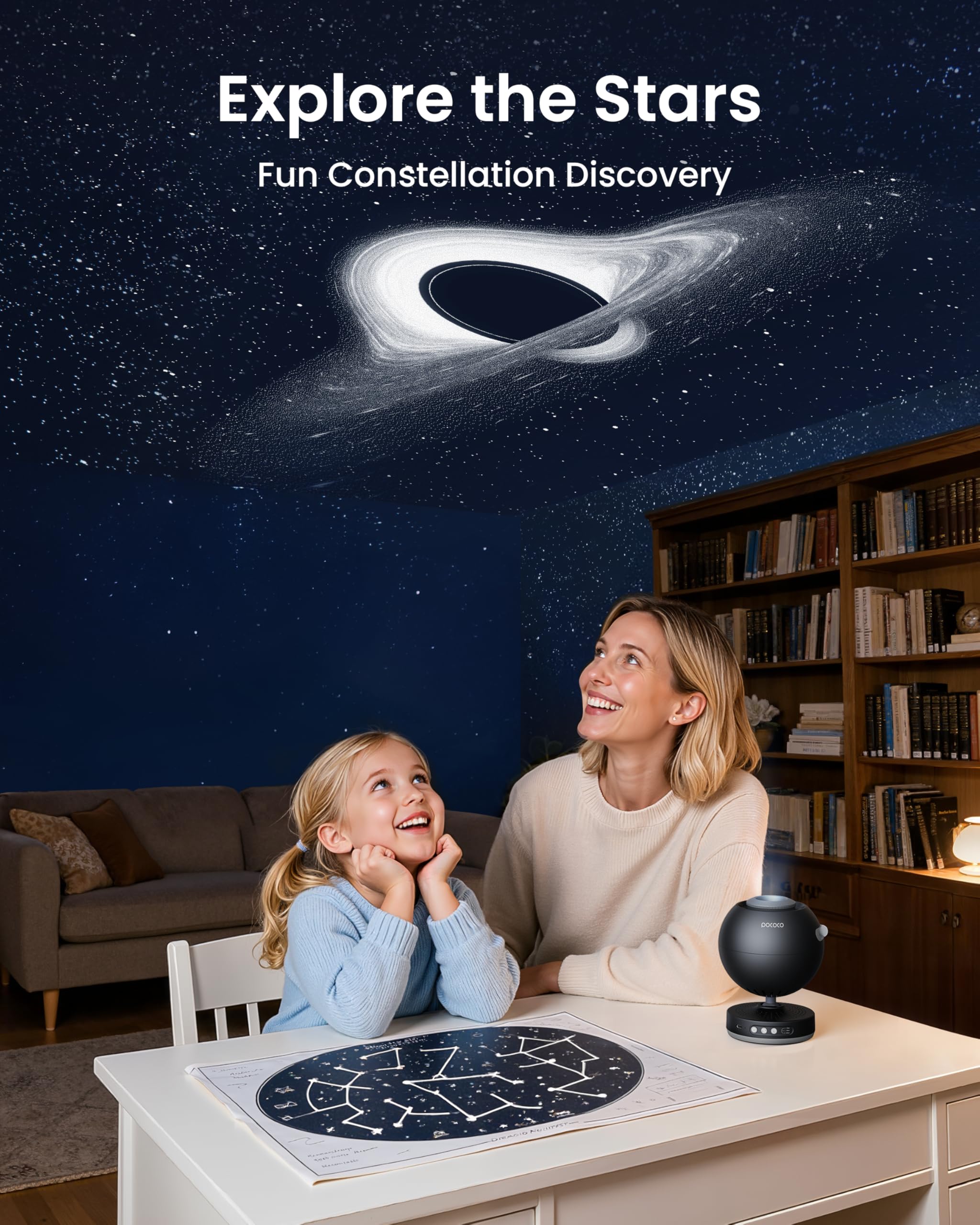 POCOCO Proyector Galaxy Star con lente de 2 m píxeles y discos 5 K, proyector de planetario para relajación, estudio y ayuda al sueño, incluye 2 películas, regalo ideal