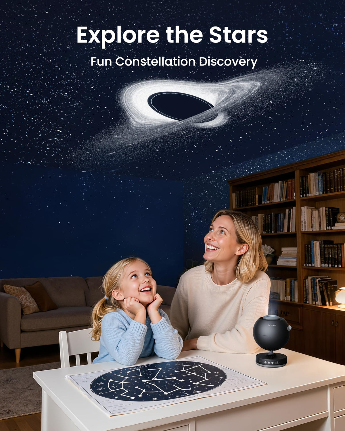 POCOCO Proyector Galaxy Star con lente de 2 m píxeles y discos 5 K, proyector de planetario para relajación, estudio y ayuda al sueño, incluye 2 películas, regalo ideal