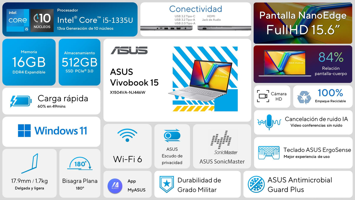 ASUS Laptop Vivobook 15 / X1504VA-NJ446W / Intel Core i5-13th Gen / 16GB RAM / 512GB SSD/Plata/Teclado en Español (Garantía en México)