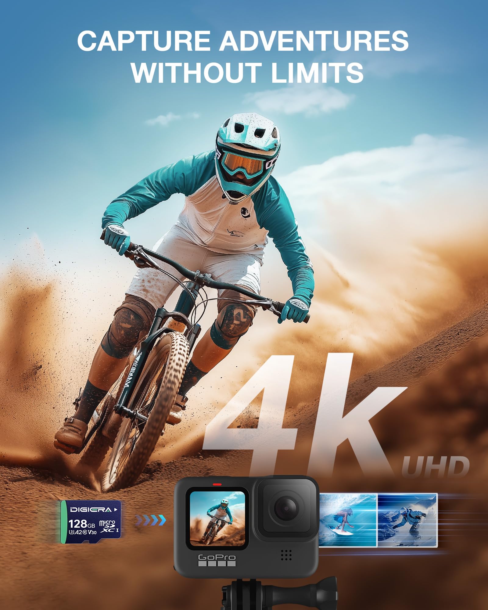 DIGIERA Tarjeta de memoria CT100 microSDXC UHS-I de 128 GB con adaptador - hasta 100 MB/s, C10, U3, V30, 4K UHD, A2, tarjeta micro SD para smartphones, tabletas, cámaras, consolas de juegos y drones