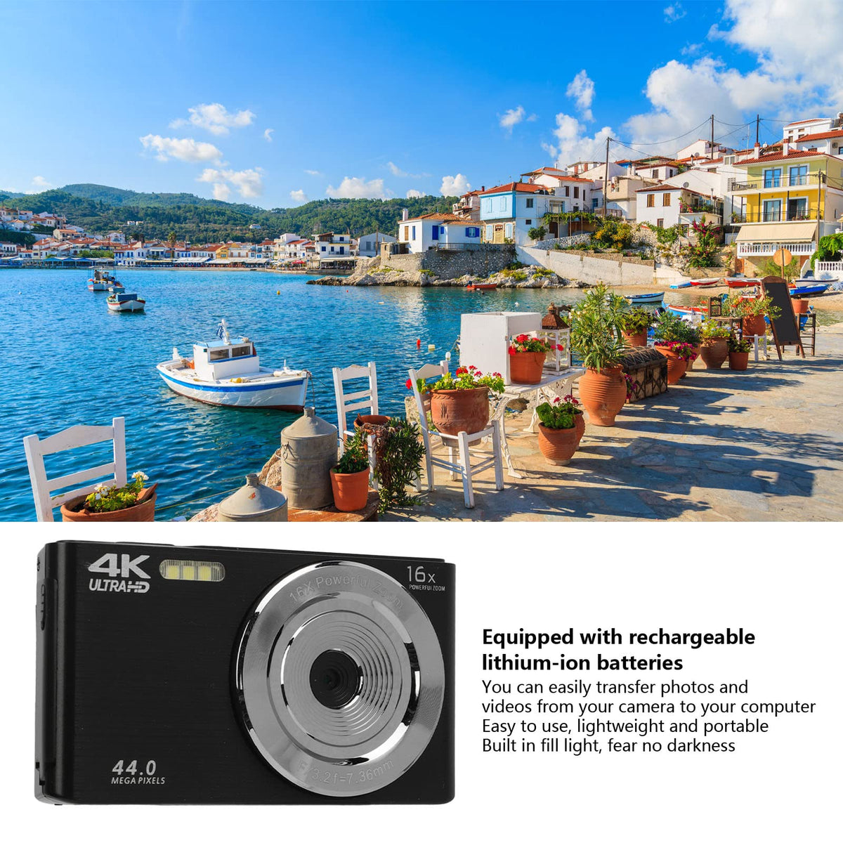 Cámara Digital, Cámara de Vídeo FHD 4K con Zoom Digital de 16X, Cámara de Vídeo de Pantalla de 2,8 Pulgadas de 44MP, Cámara para Niños Principiantes y Adolescentes (Negro)