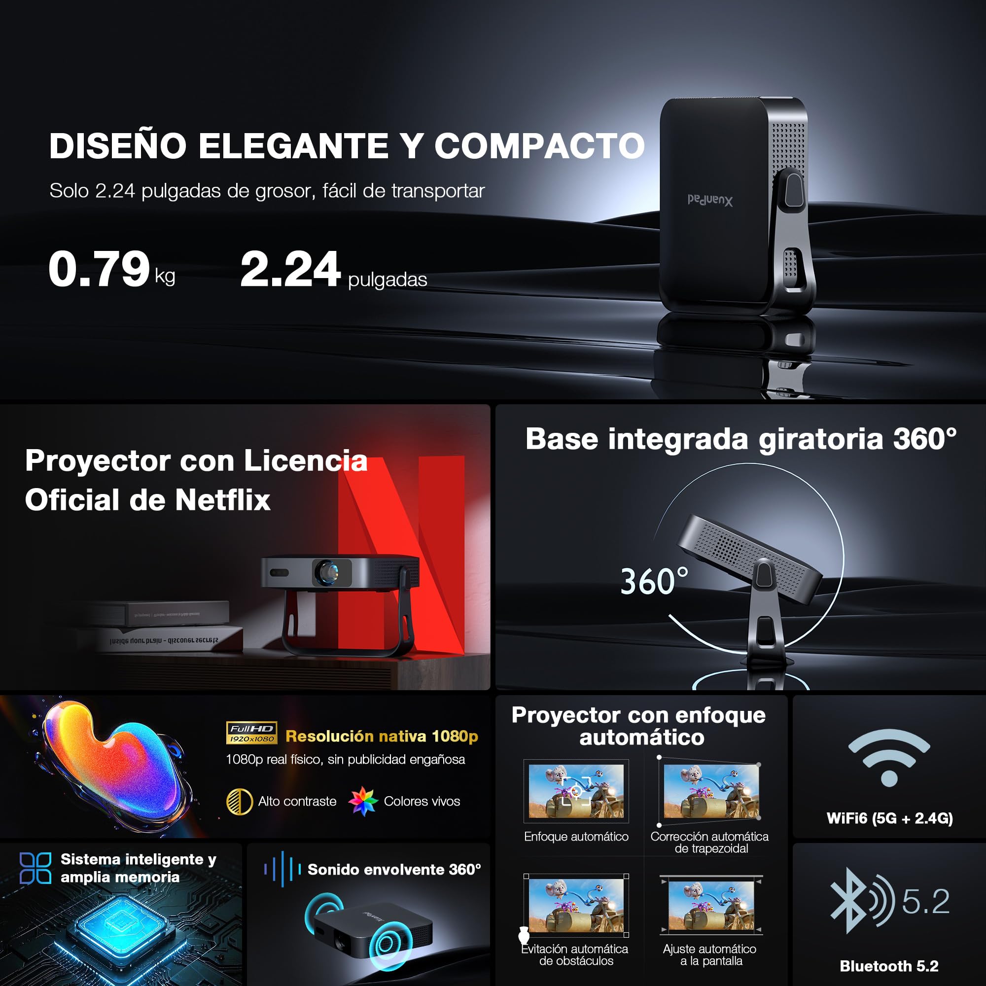 XuanPad 【Compatible with Netflix】 Black Mini Proyector Portatil 4K con Auto Enfoque/Keystone, Smart Proyector 600ANSI 1080P Full HD WiFi6 Bluetooth Projector para Movil/Exterior/Cine en Casa