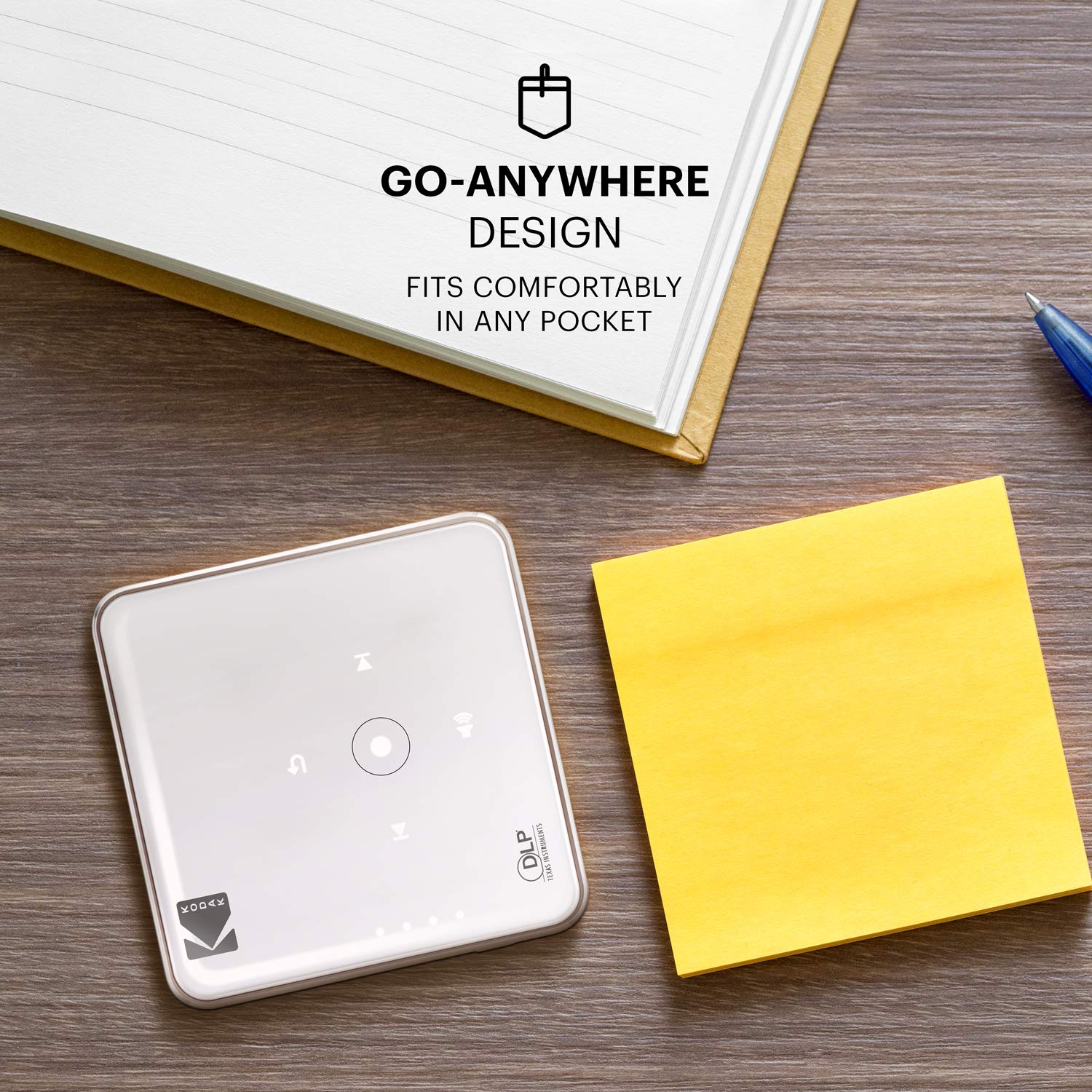 KODAK - Miniproyector de vídeo portátil Pocket Pico DLP 1080p HD LED, pantalla de 80 pulgadas, controles con botones táctiles, altavoz incorporado, batería recargable de 150 minutos, HDMI, USB y microSD