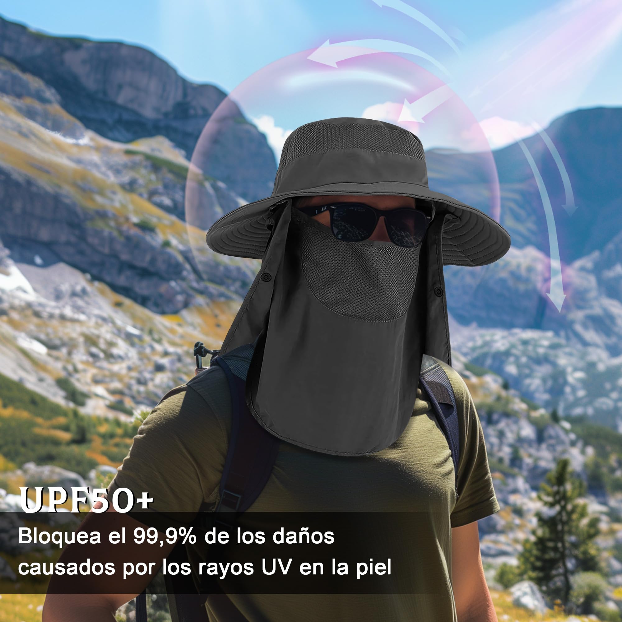 Sombrero de Pesca Protección UV, UPF50+ Sombrero para el Sol para Hombre y Mujer, Gorro Pescador con Cortinas para Cara y Cuello, Plegable y Impermeable, para Senderismo Camping Playa Jardín,Unisex
