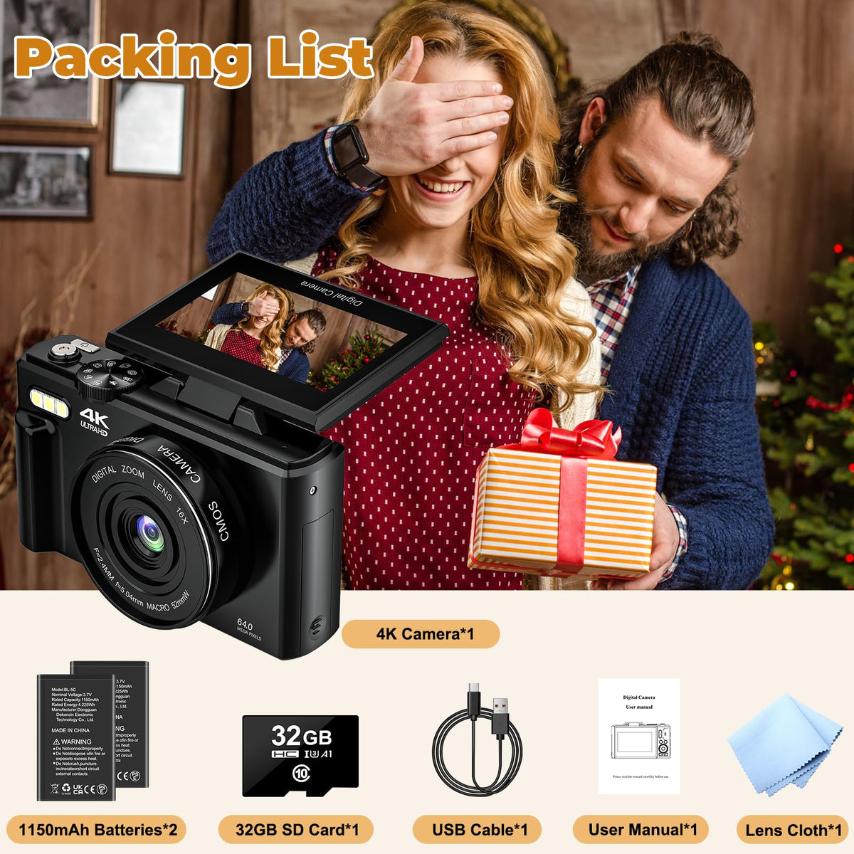 Cámara digital 4K – para fotografía, vlogging de 64MP para YouTube – Cámara de video de enfoque automático 3 pulgdas, 180° con zoom 18X, de viaje, compactas, con tarjeta SD de 32 GB, 2 baterías