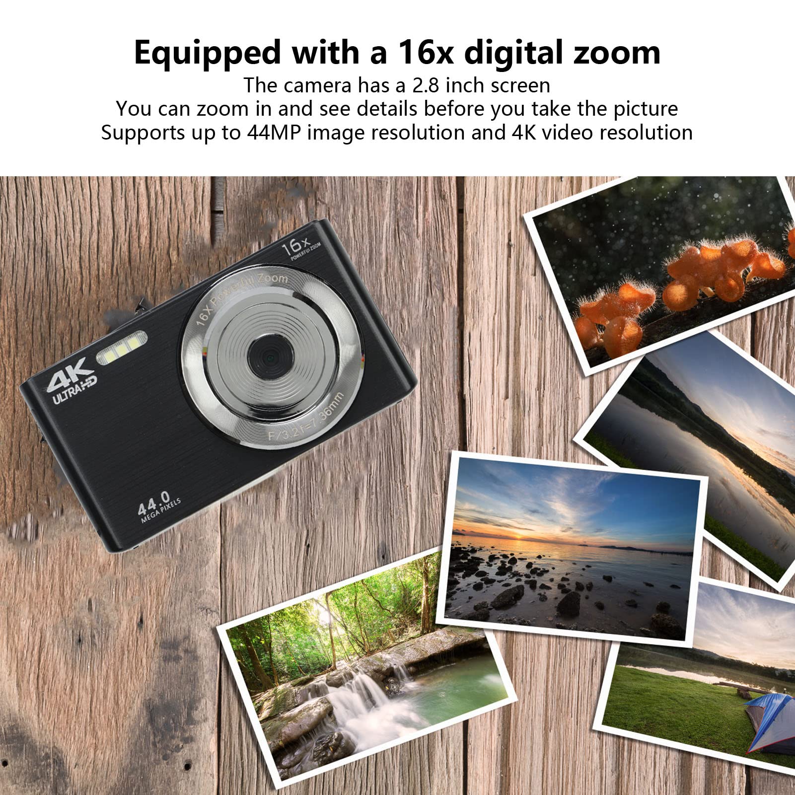 Cámara Digital, Cámara de Vídeo FHD 4K con Zoom Digital de 16X, Cámara de Vídeo de Pantalla de 2,8 Pulgadas de 44MP, Cámara para Niños Principiantes y Adolescentes (Negro)
