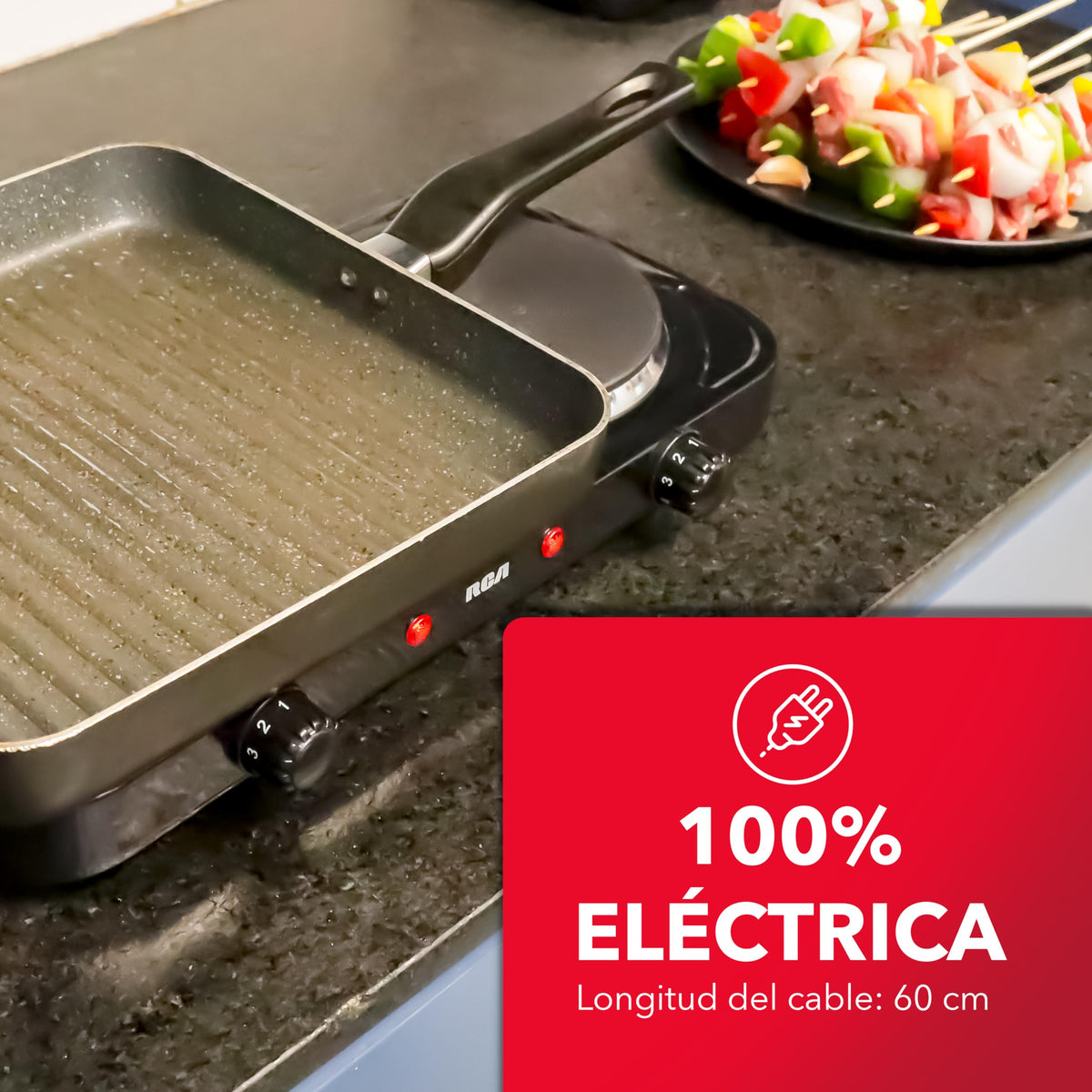 RCA Parrilla Eléctrica RC2000N con Dos Quemadores de 1000W, Acero Inoxidable, Portátil, Alta Resistencia, Calor Uniforme, 5 Niveles de Calor, Antiderrapante y Funcional para Cocina Compacta.