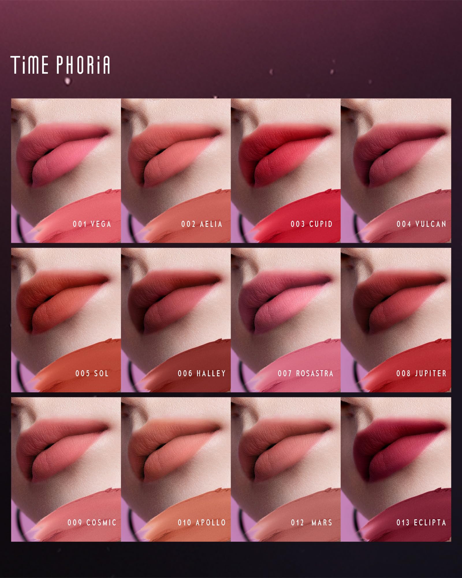TIMEPHORIA Tinta para Labios y Mejillas 3 en 1, Labial de Lodo Velvet Mate Difuminado, Rubor en Crema de Larga Duración con Aplicador de Silicón, Maquillaje Multiusos para Rostro y Ojos 009 Cosmic