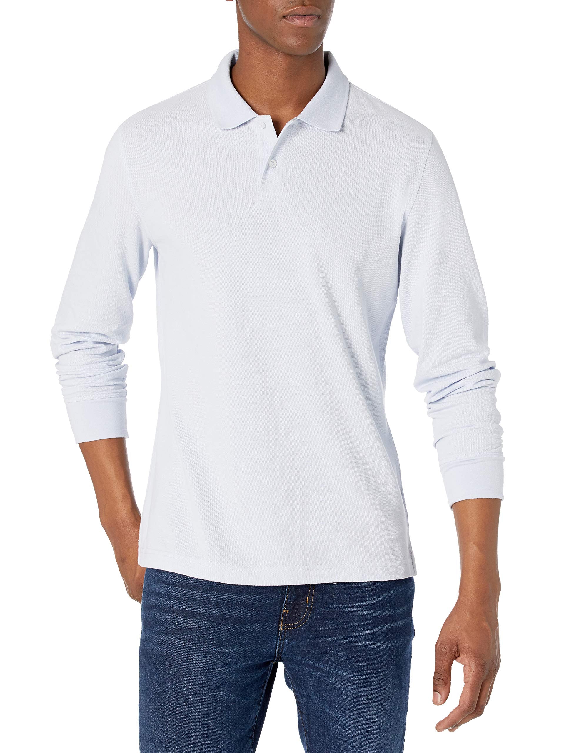 Amazon Essentials - Polo de piqué de manga larga ajustado para hombre, color azul claro, talla XG