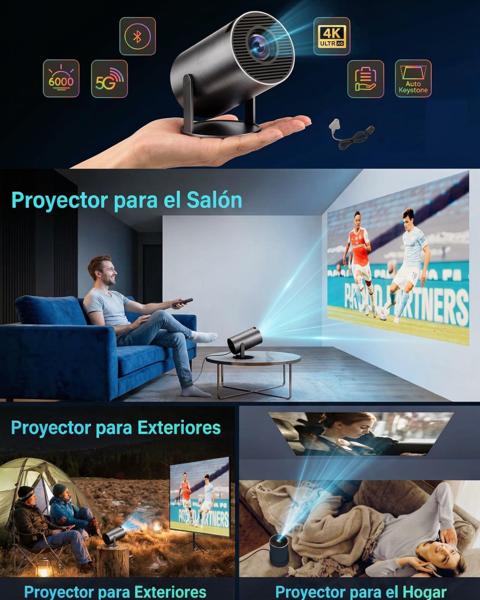 Mini Proyector Portatil 2026,Proyector 4K, Auto Keystone,Pantalla de 150”,250ANSI/10000 lúmenes,WiFi 6 con 2.4/5GHz,Bluetooth 5.4,Giro de 180 Grados,Compatible con iOS/Android/PC/PS4/PS5 (Negro)