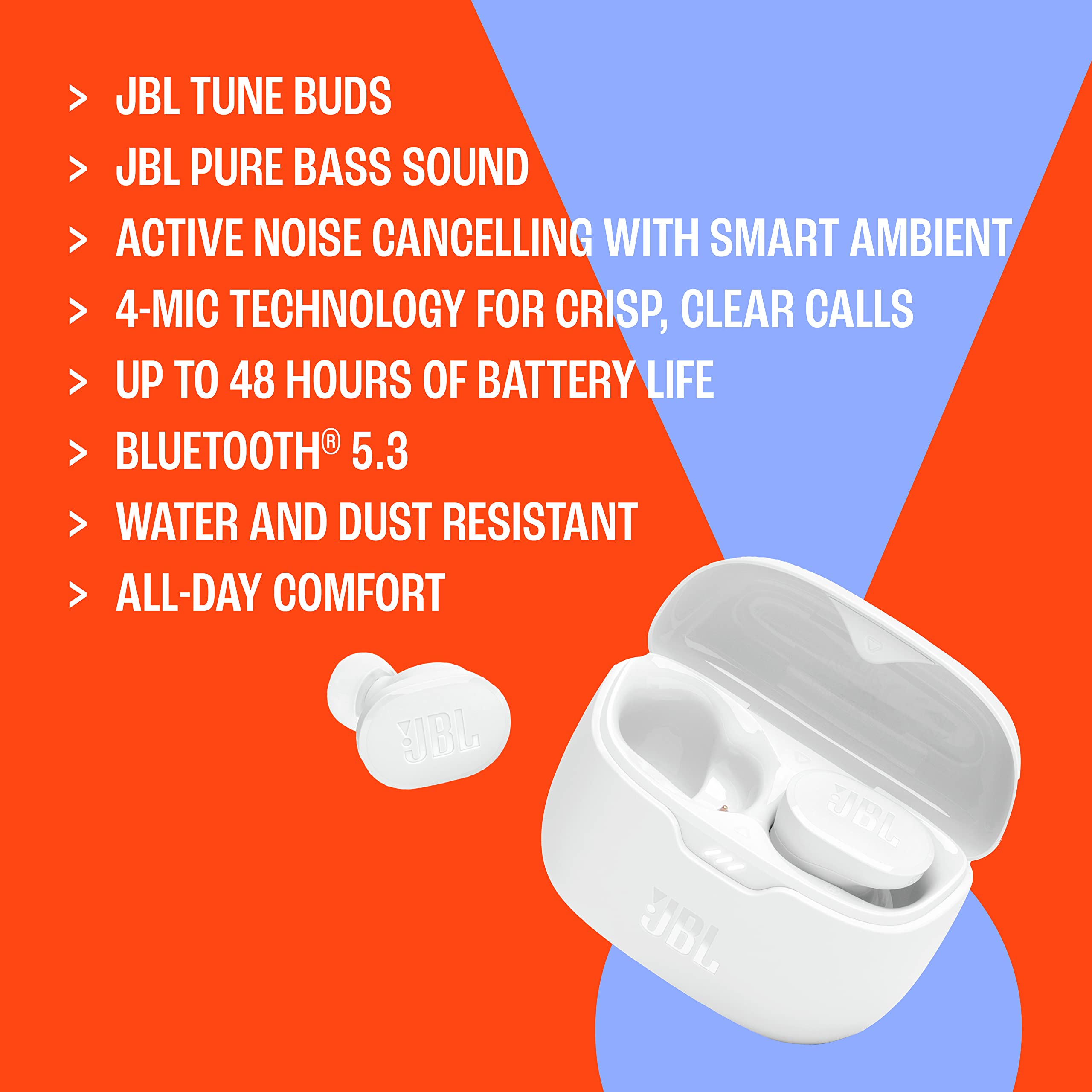 JBL Tune Buds, Audífonos Inalámbricos ANC Bluetooth, Drivers de 10mm, Reproducción 48 Horas, Resistentes al Agua y al Polvo IP54 - Negro