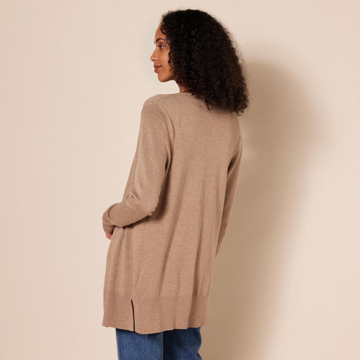 Amazon Essentials - Cárdigan ligero con frente abierto para mujer (disponible en tallas grandes), color camel jaspeado, talla M