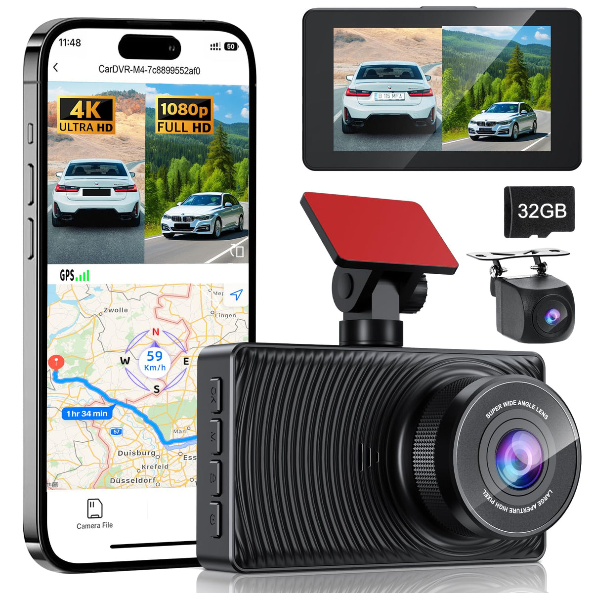Gurkitsy Dashcam para Auto, 3'' Dash CAM,1080P HD Cámara Carro Delantera, Cámara Automovil para Auto y Carro, con Visión Nocturna 2.0 y WiFi, Control de App, Grabación en Bucle, Sensor G