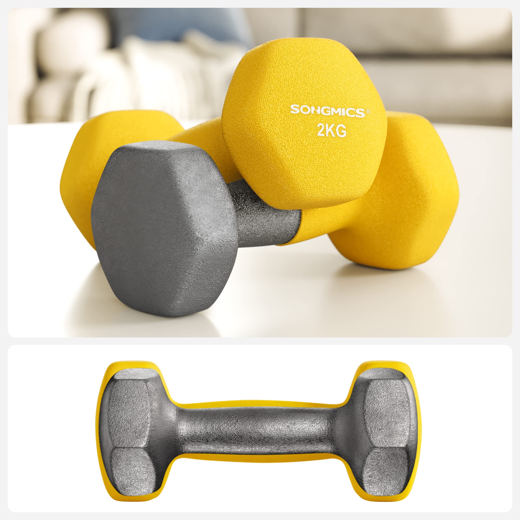 SONGMICS Juego de 2 Mancuernas, Mancuernas Hexagonales con Superficie de Vinilo, para Gimnasia en Casa, 2 x 2 kg, Amarillo MSYL064YL