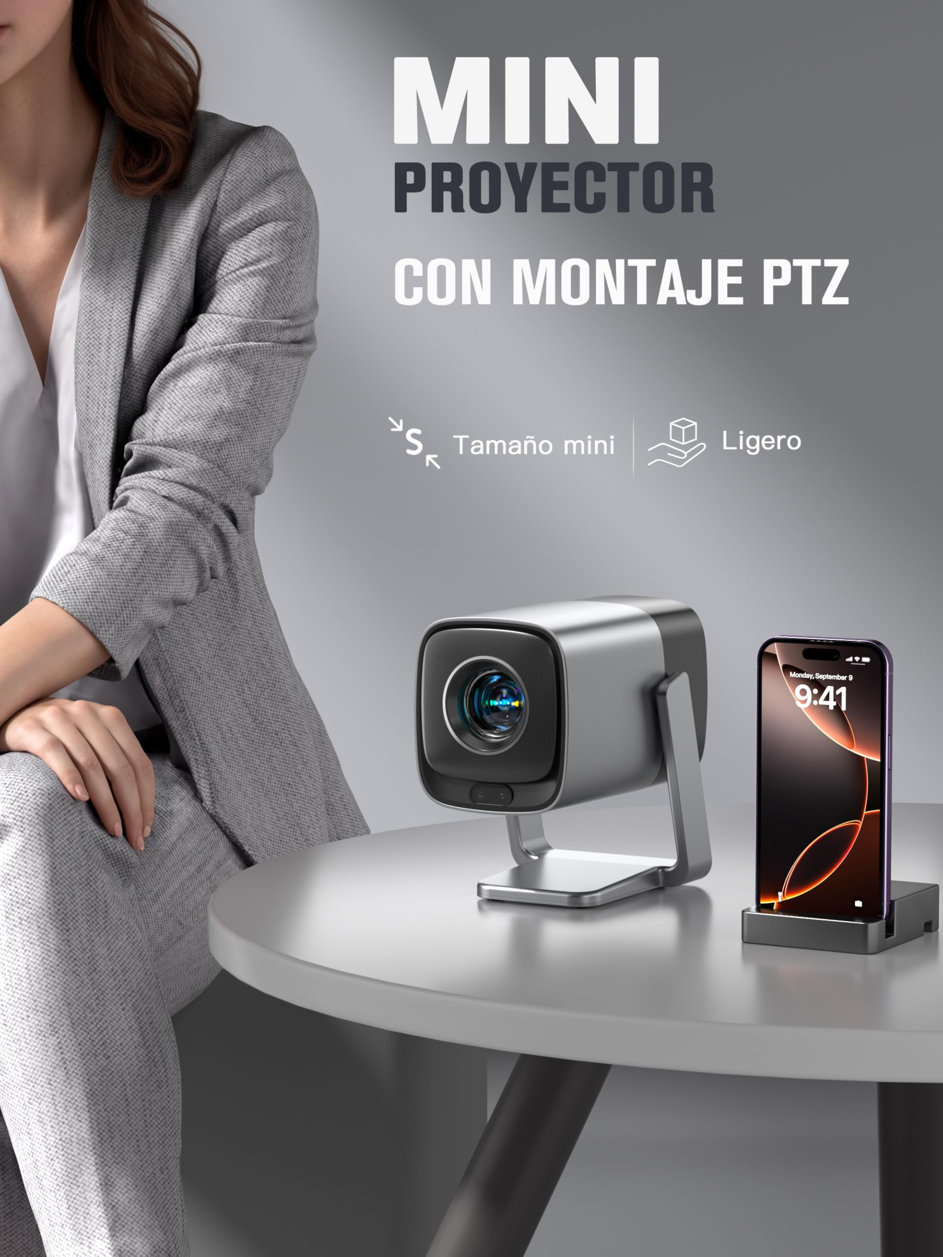 XuanPad 【Compatible with Netflix】 Plateado Mini Proyector Portatil 4K con Auto Enfoque/Keystone, Smart Proyector 600ANSI 1080P Full HD WiFi6 Bluetooth Projector para Movil/Exterior/Cine en Casa