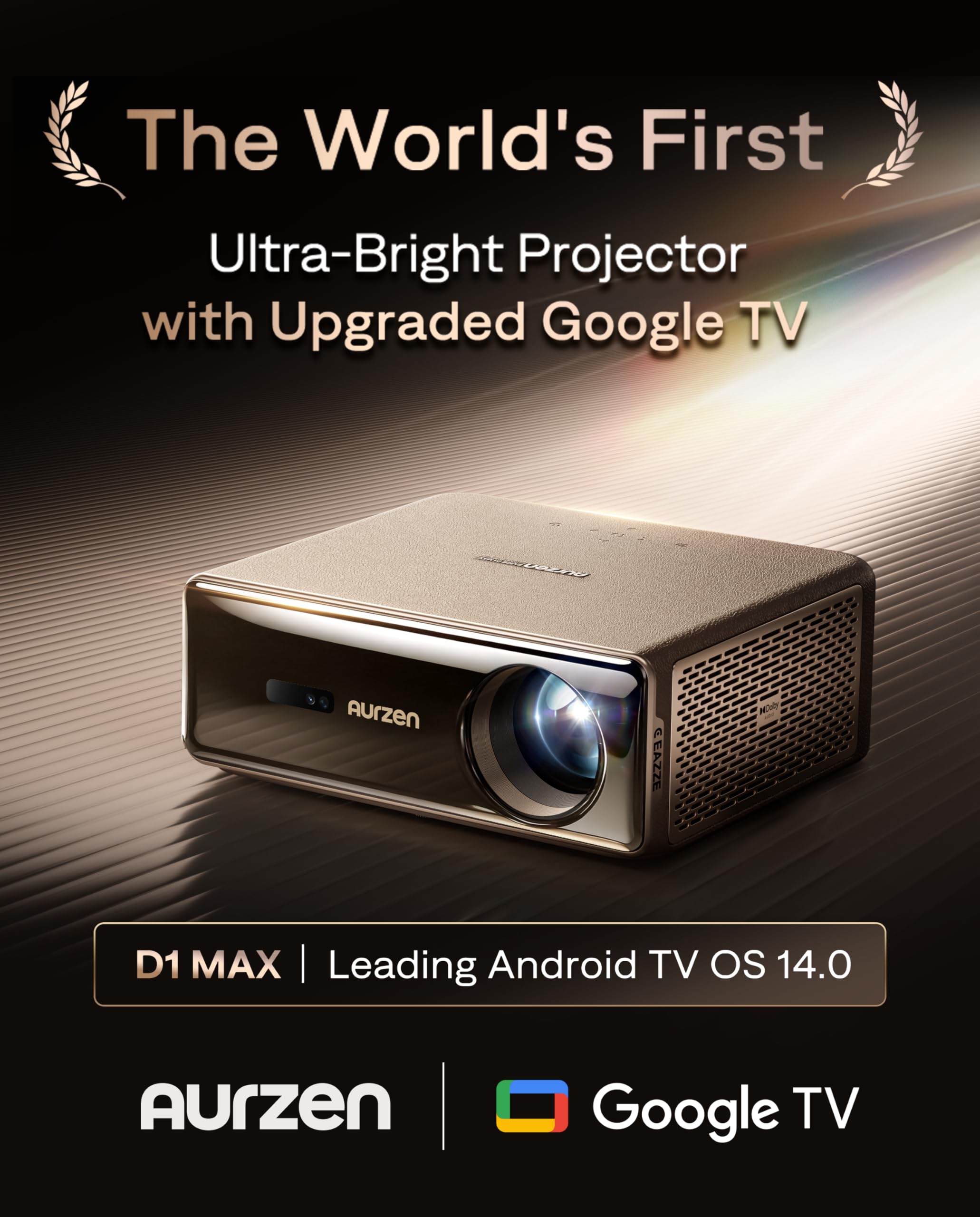 Aurzen EAZZE D1 MAX - Proyector inteligente de Google TV actualizado compatible con 4K, ultra brillante 1000 lúmenes ANSI, tecnología MEMC, totalmente automático, audio DoIby de 20 W, proyector de