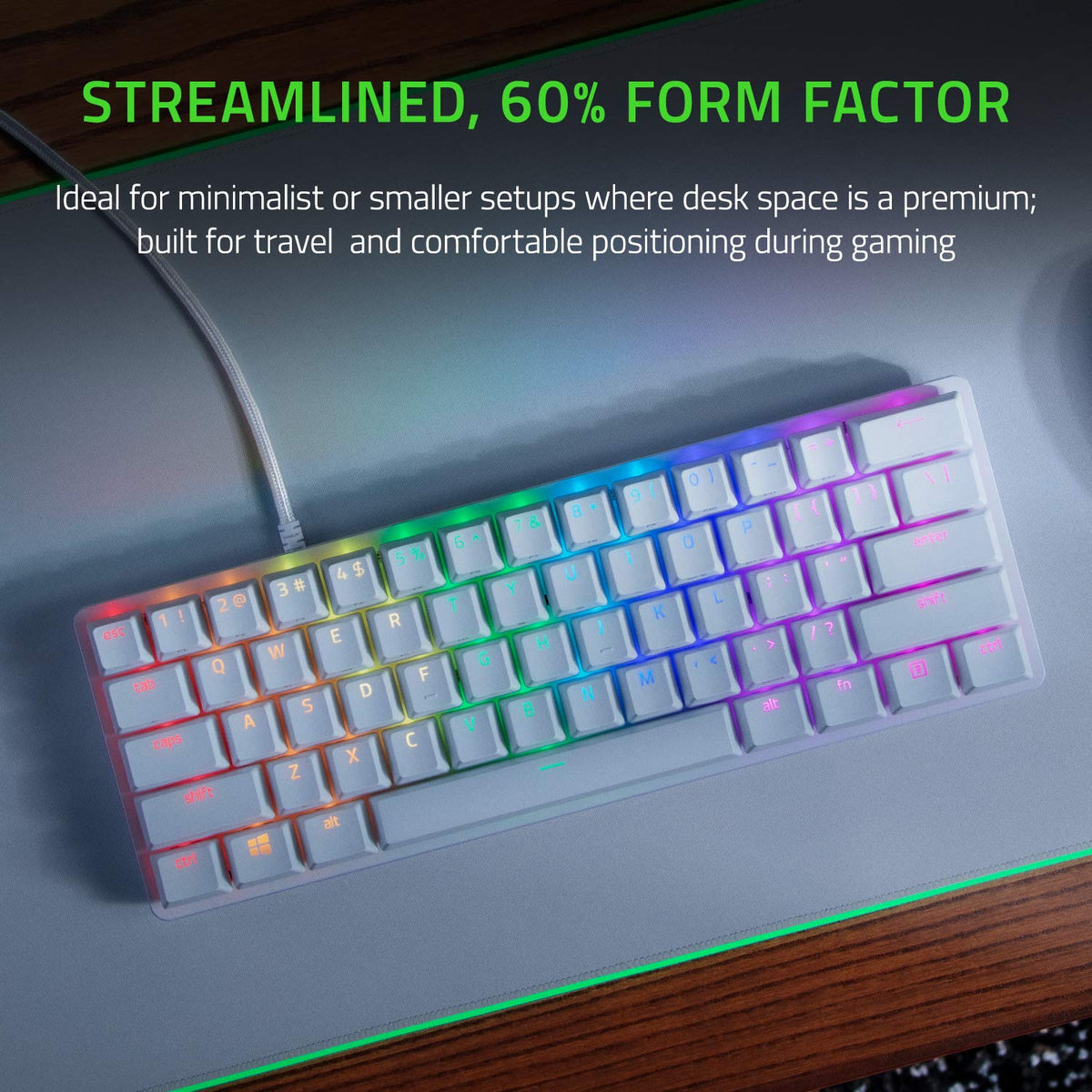 Razer Huntsman Mini 60% con cable Teclado mecánico para juegos, interruptores ópticos clicky, retroiluminación Chroma RGB, teclas PBT, para PC, color blanco mercurio (renovado)