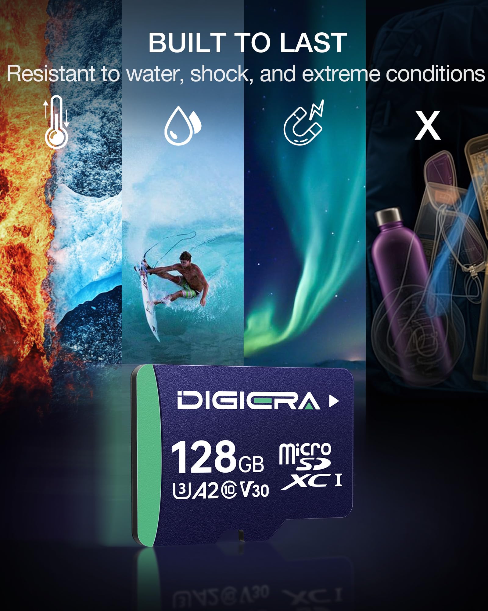 DIGIERA Tarjeta de memoria CT100 microSDXC UHS-I de 128 GB con adaptador - hasta 100 MB/s, C10, U3, V30, 4K UHD, A2, tarjeta micro SD para smartphones, tabletas, cámaras, consolas de juegos y drones
