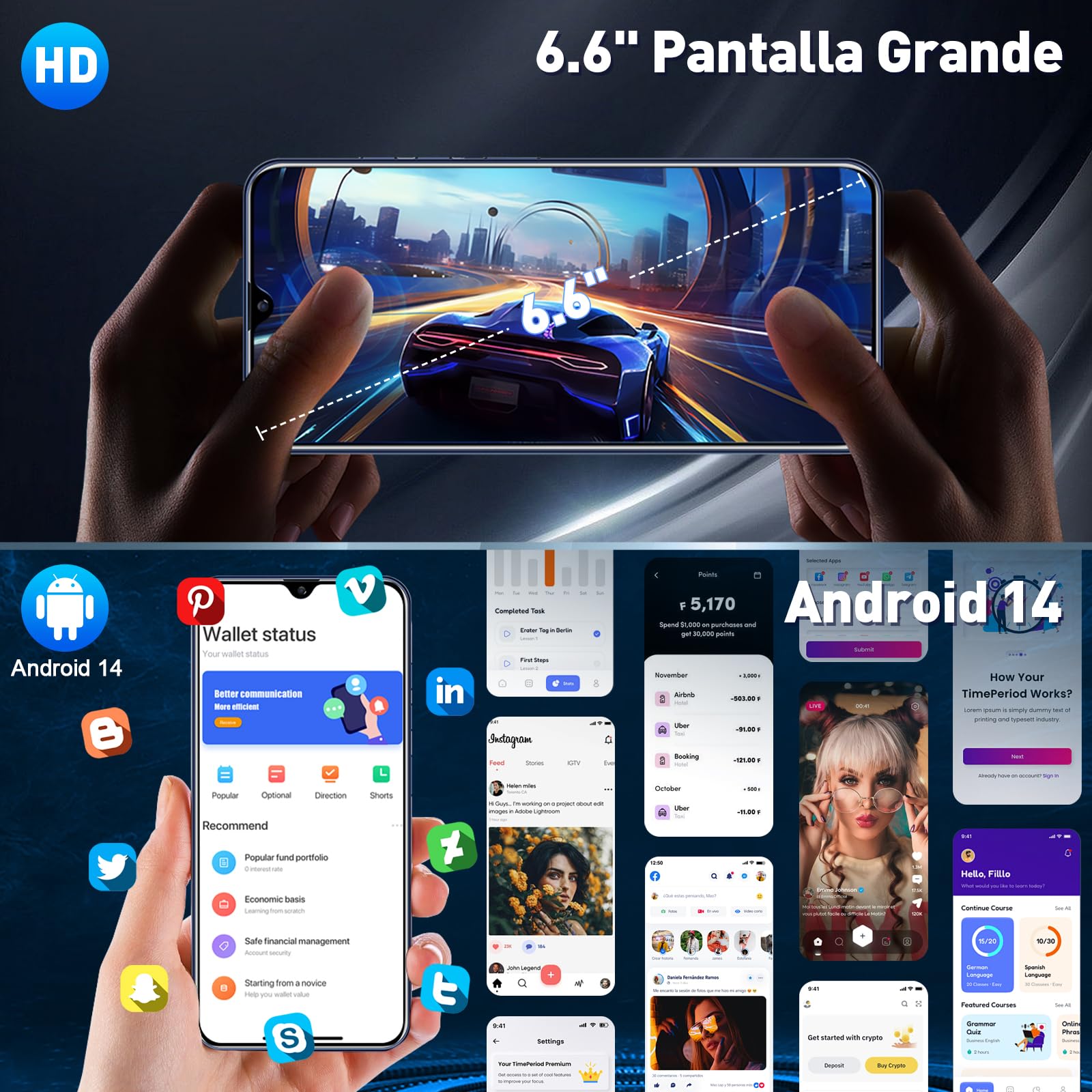 Fhrhig Celulares Inteligente Android 14, 256GB+8GB RAM Smartphone, 6.6" HD Celular con Batería 8000mAh, 8MP+5MP Cámara, Teléfonos con Dual SIM Dual Standby/Face ID/TF