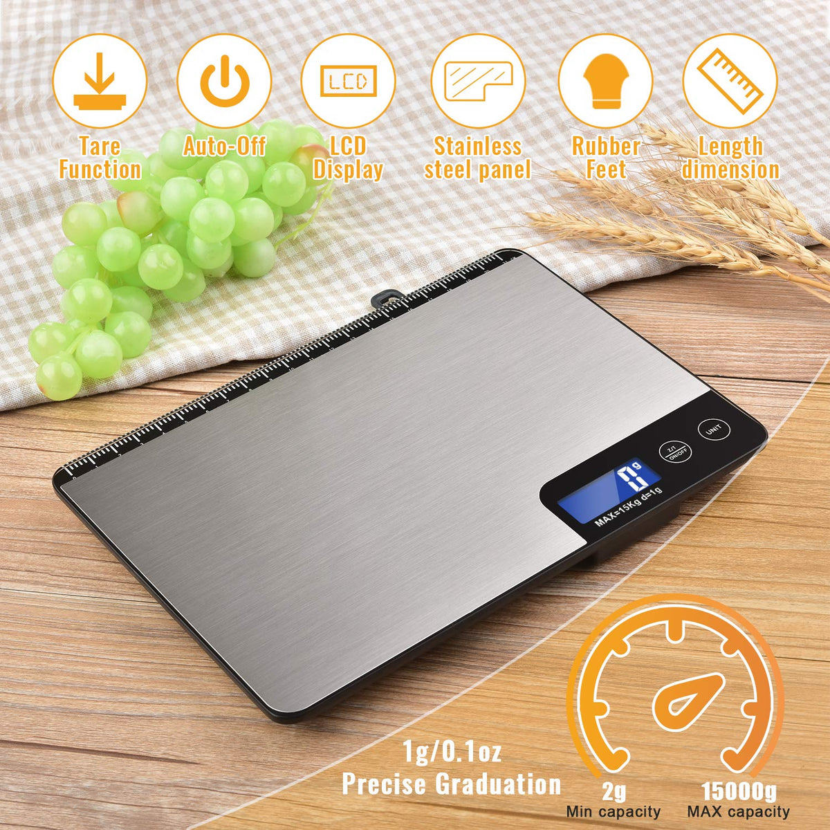 Diyife 15 KG Balanza de Cocina con Panel Grande, Profesional Báscula Digita, Bascula de Comida Alimentos, Tacto Sensible y Pantalla LCD, Función de Tara, con 2 Baterías