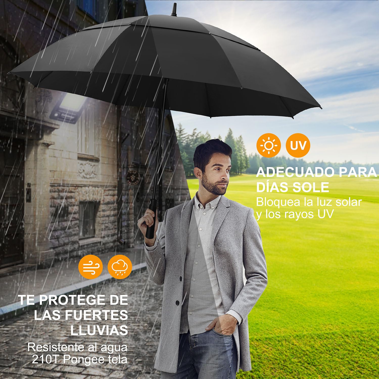 Paraguas de Golf Extra Grandes,Paraguas de Golf Pro-Line de Gran Tamaño con Doble Toldo Ventilado a Prueba de Viento Impermeable para Hombres y Mujeres (Negro)