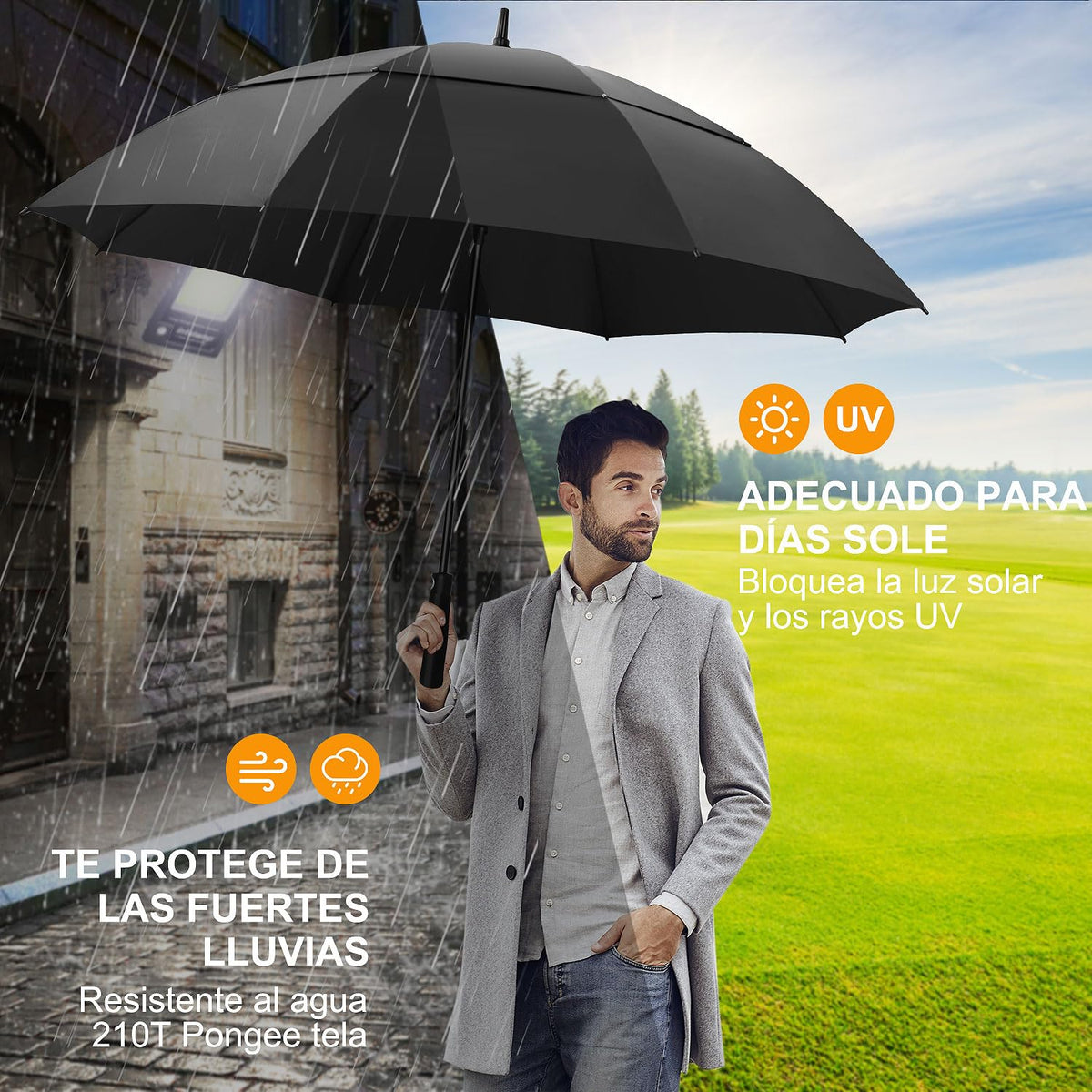 Paraguas de Golf Extra Grandes,Paraguas de Golf Pro-Line de Gran Tamaño con Doble Toldo Ventilado a Prueba de Viento Impermeable para Hombres y Mujeres (Negro)